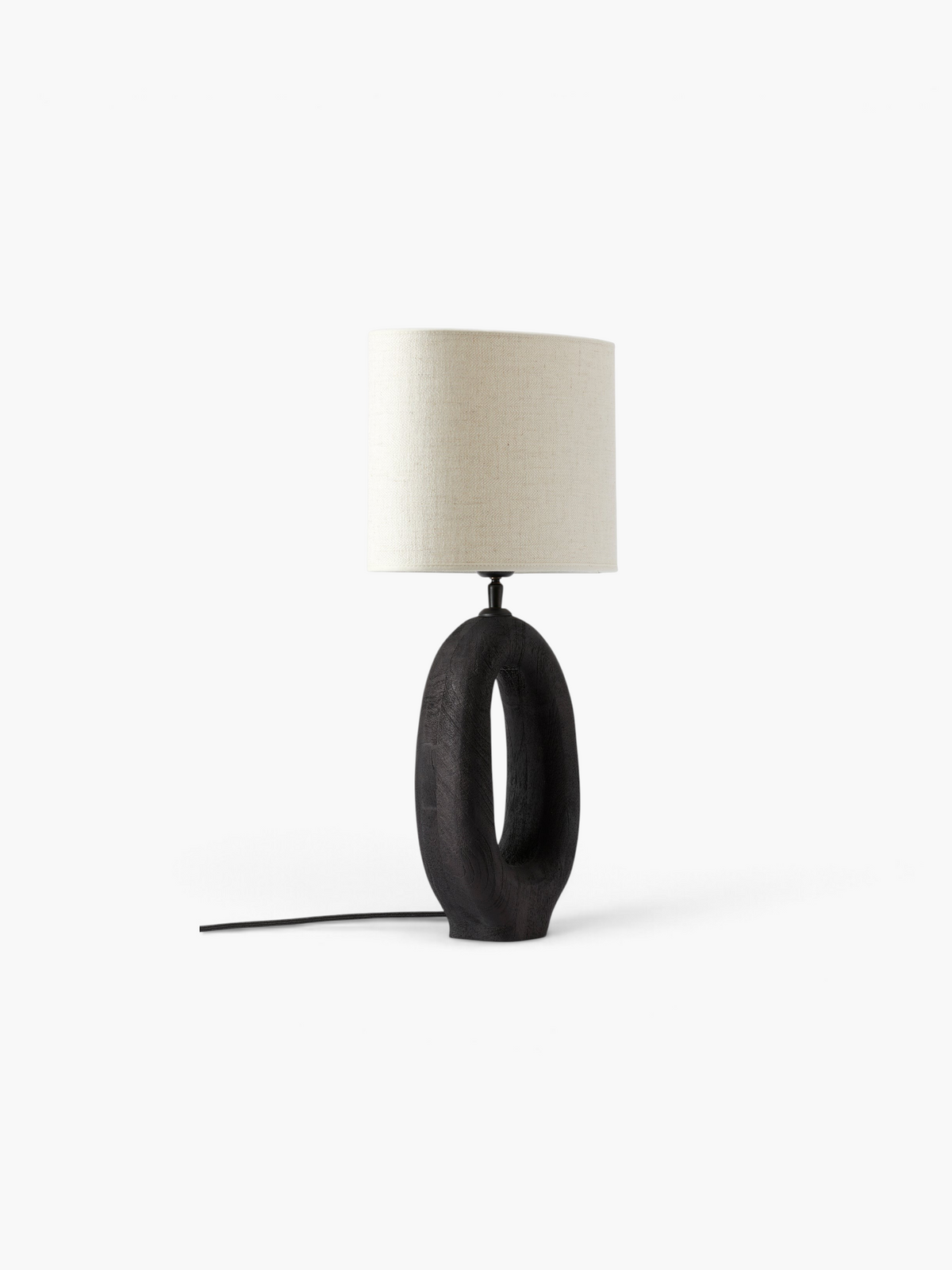 Lyckåsen Qvist 408 table lamp with a black sandblasted wooden base and a neutral fabric shade, 40 cm tall.