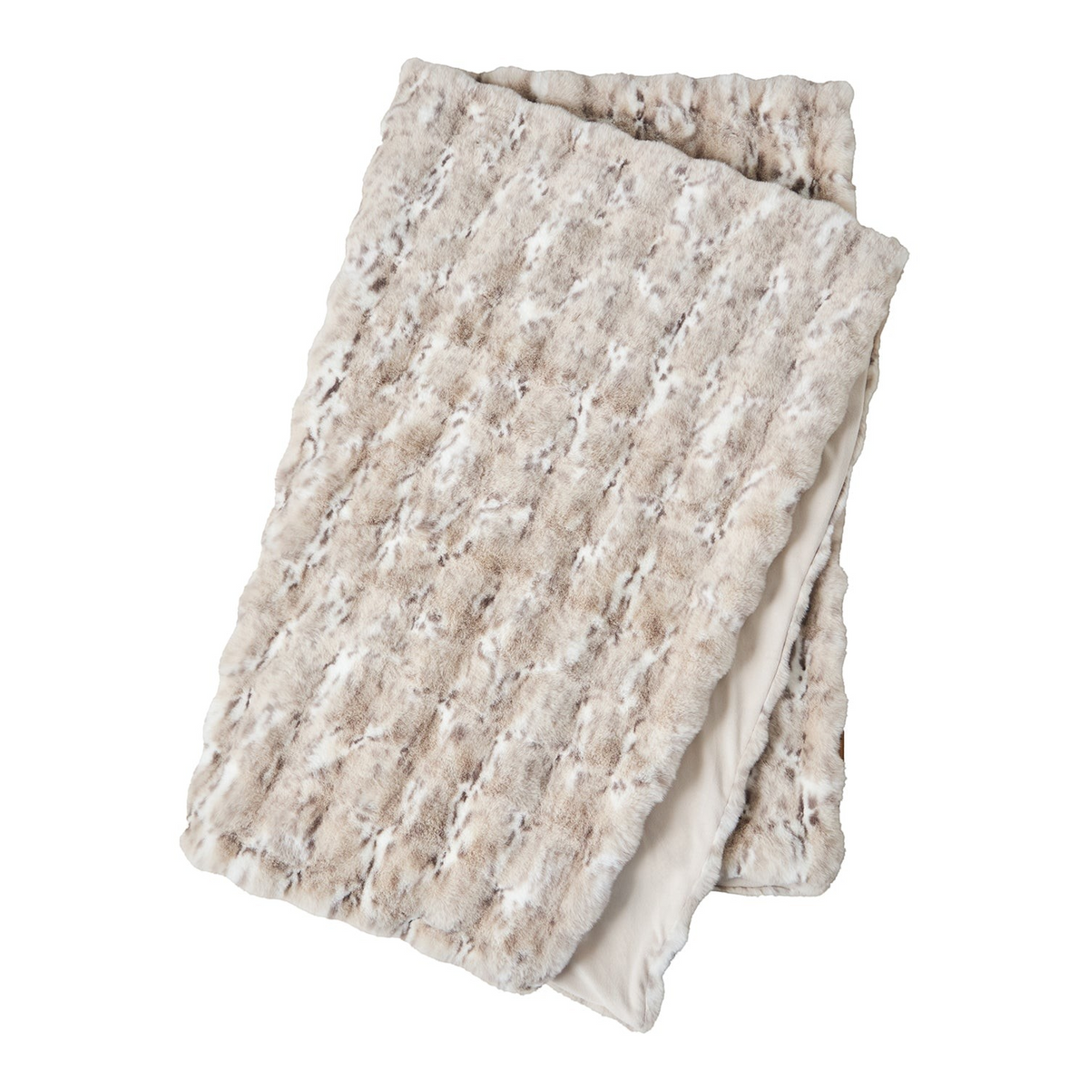 Lyckåsen Nika L blanket in a soft, plush snow leopard faux fur pattern with a smooth cream-colored underside.