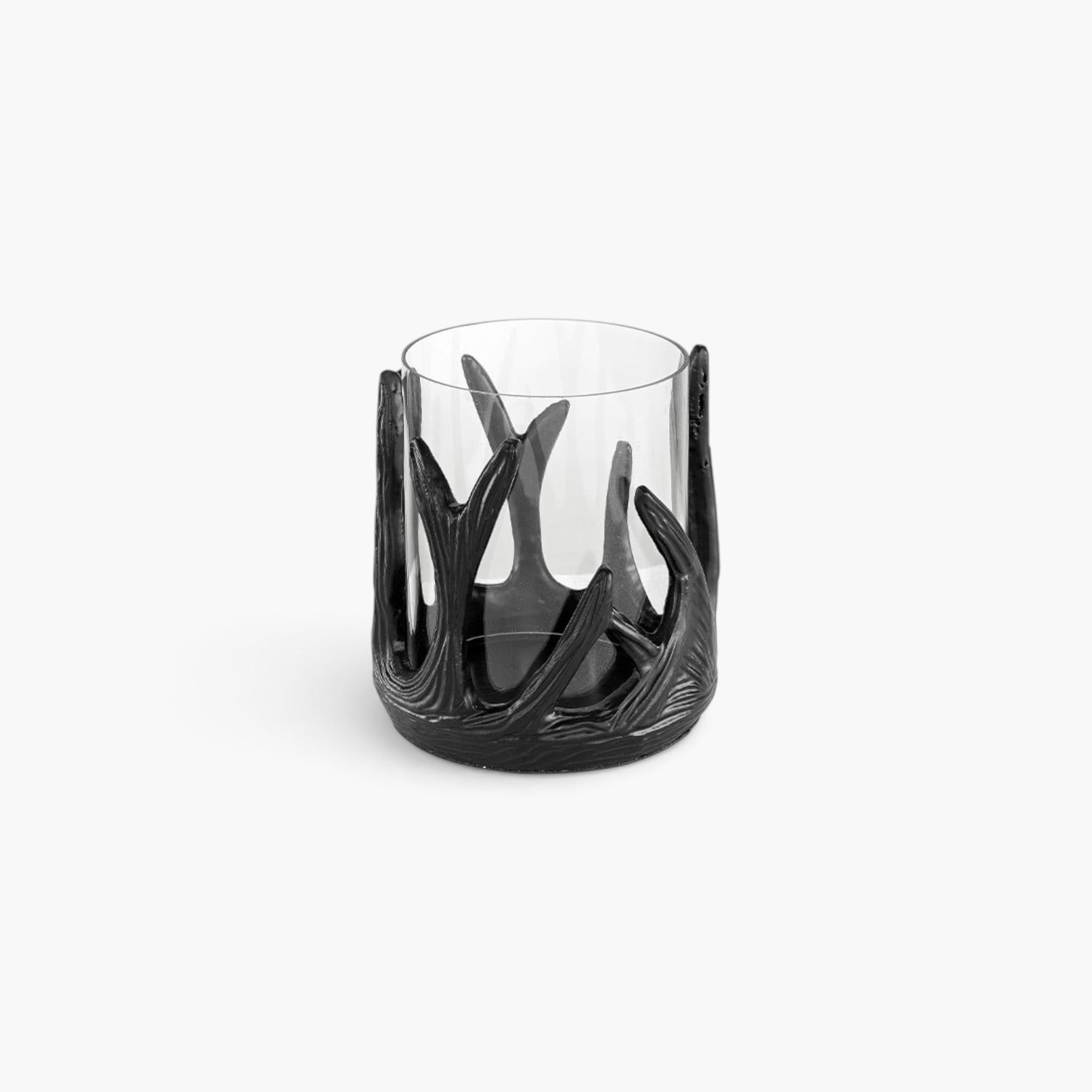 Lyckåsen 13cm glass candle holder featuring a rustic black iron antler frame for a decorative interior accent.
