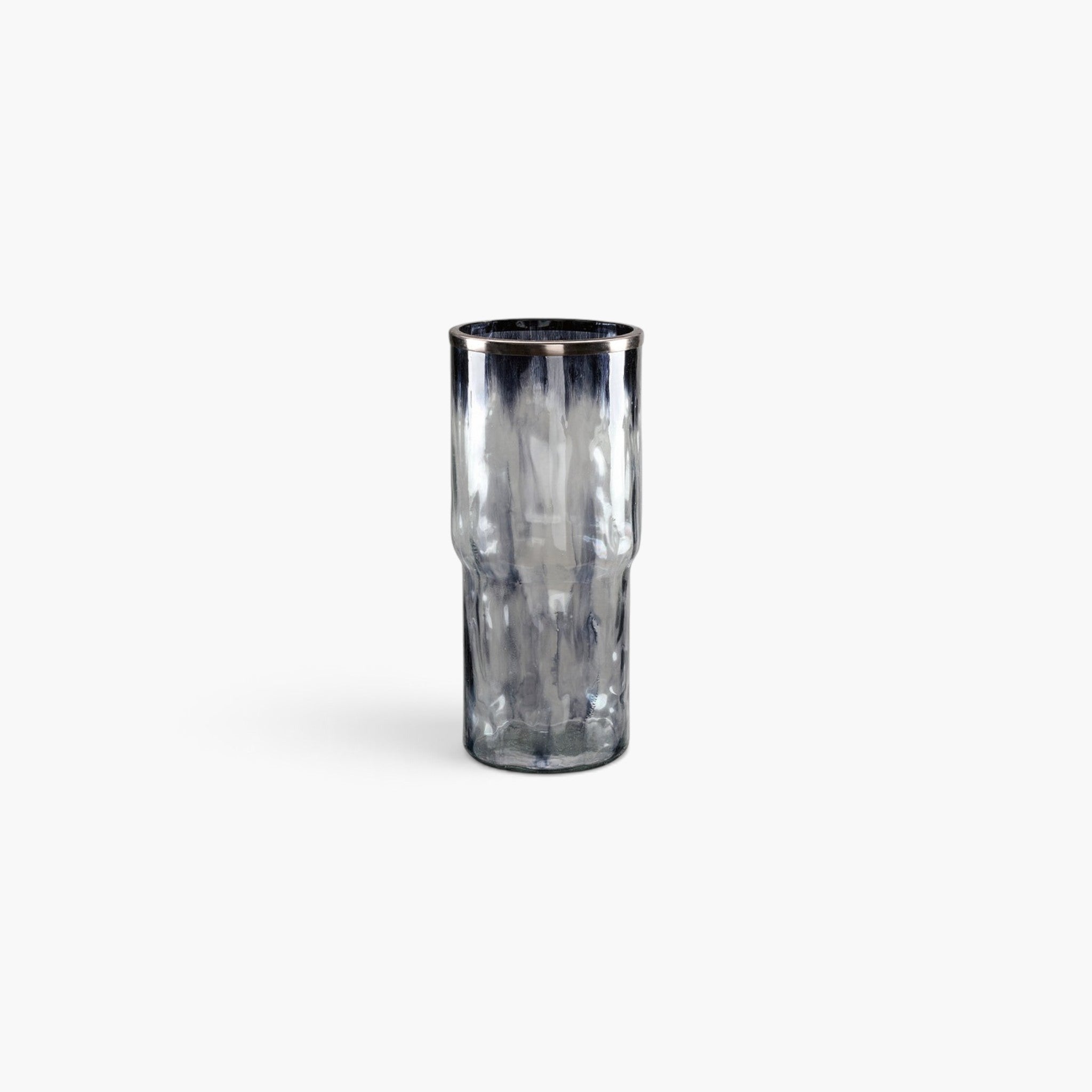Lyckåsen Belmont indigo hand-blown glass lantern with a mottled finish and elegant gold rim.