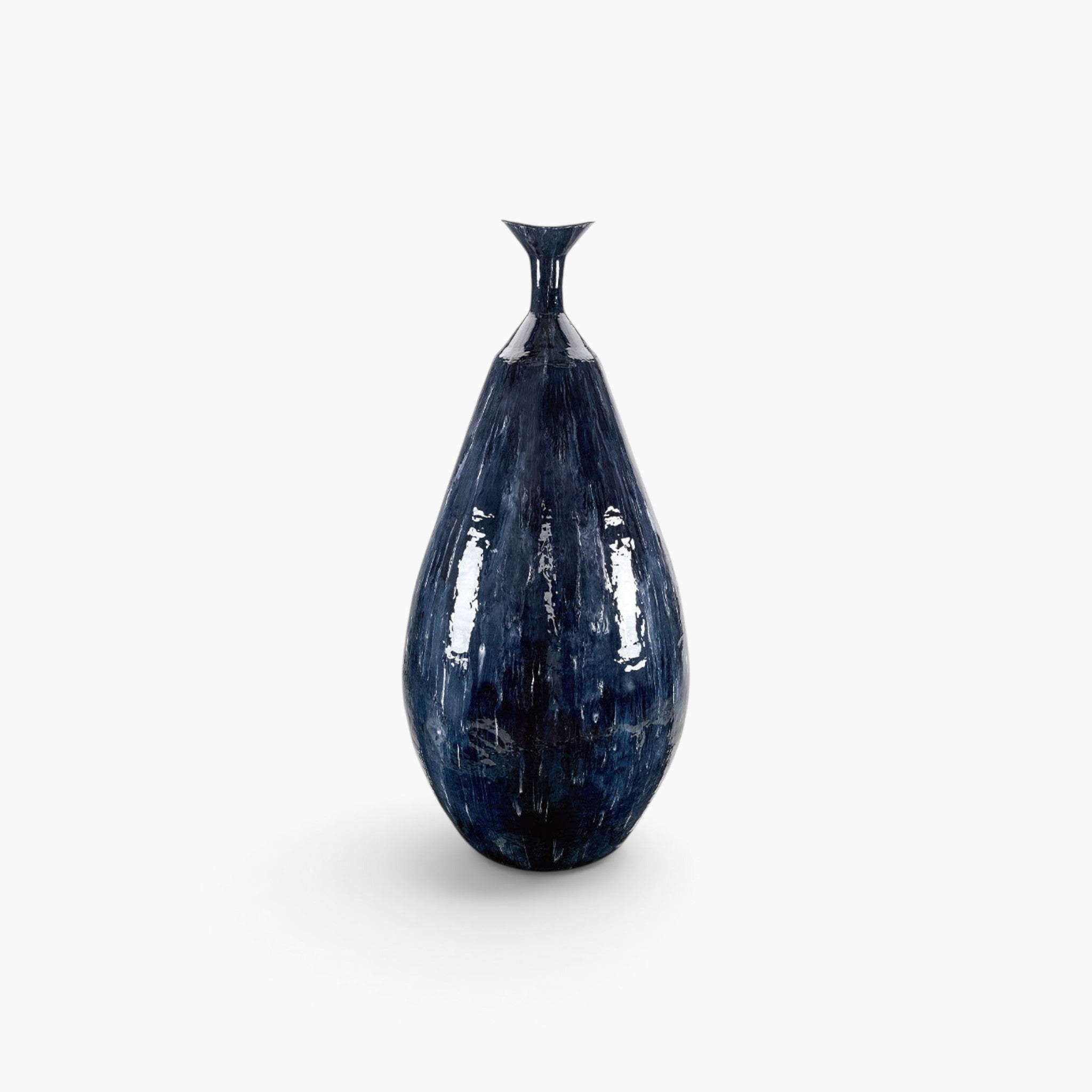 Lyckåsen Belmont 150 cm tall indigo floor urn with a glossy hand-enameled metal finish and elegant teardrop shape.