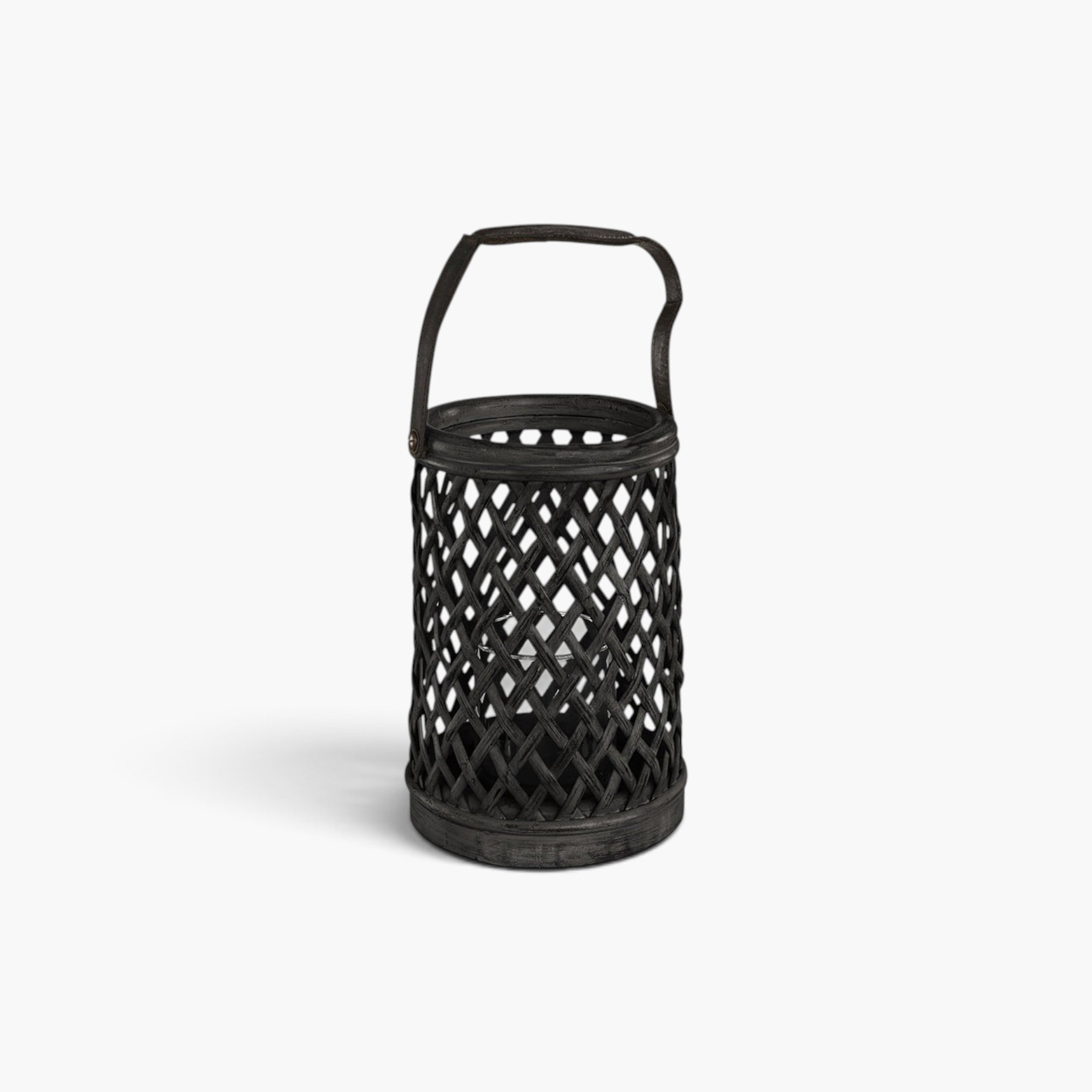 Lyckåsen black woven bamboo lantern with a glass candle insert and a convenient carrying handle.
