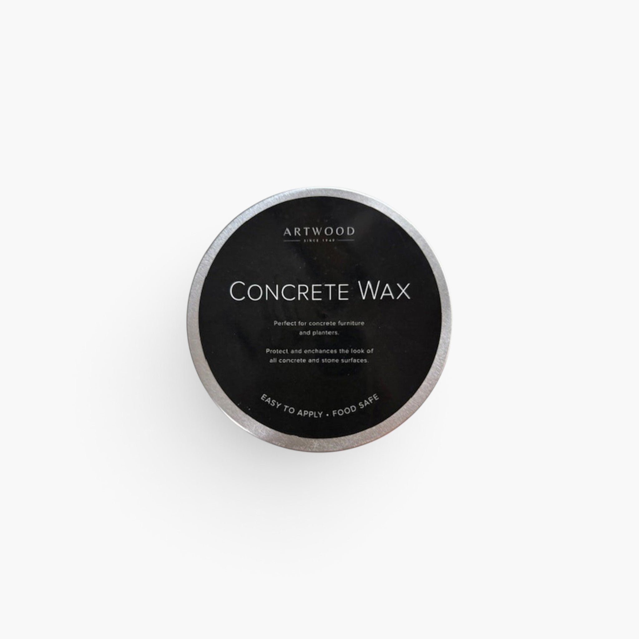 Lyckåsen concrete wax in a round metal tin for sealing and protecting concrete surfaces with a silky finish.