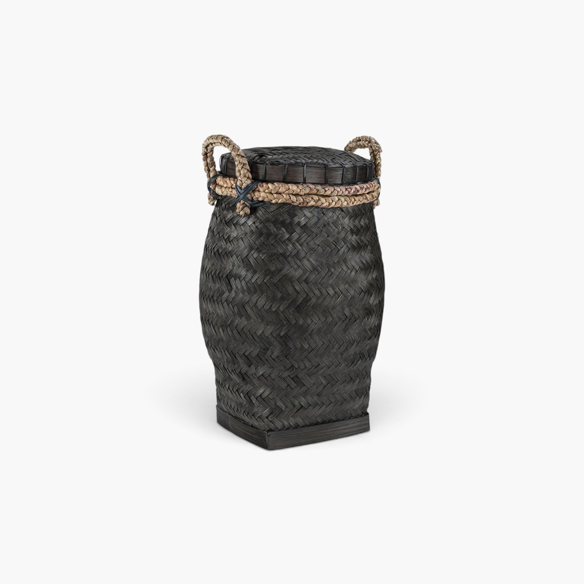 Lyckåsen Davao storage basket in black woven bamboo with a lid and natural rope handles for home organization.