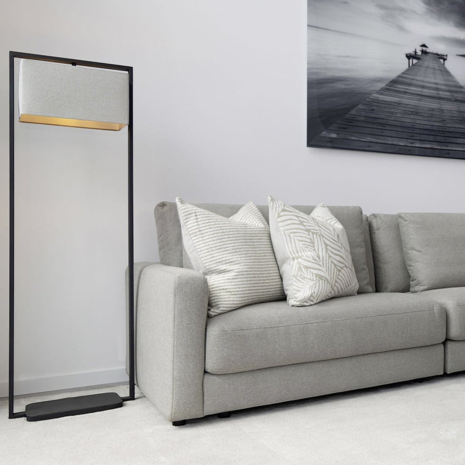 Lyckåsen Shade Donati rectangular floor lamp with a natural fabric shade and black metal frame in a living room.
