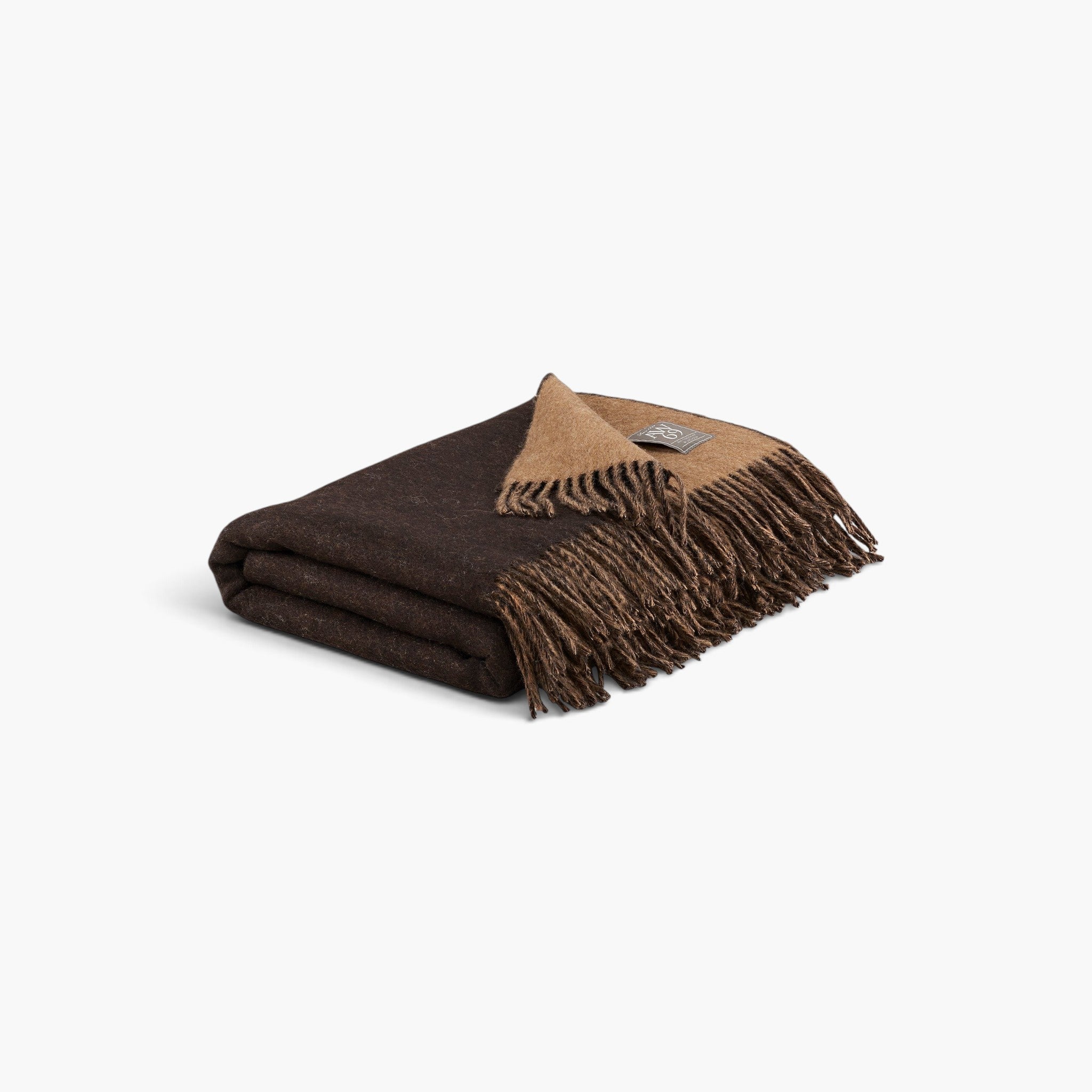 Lyckåsen Durham reversible merino wool throw blanket in camel and brown with fringed edges