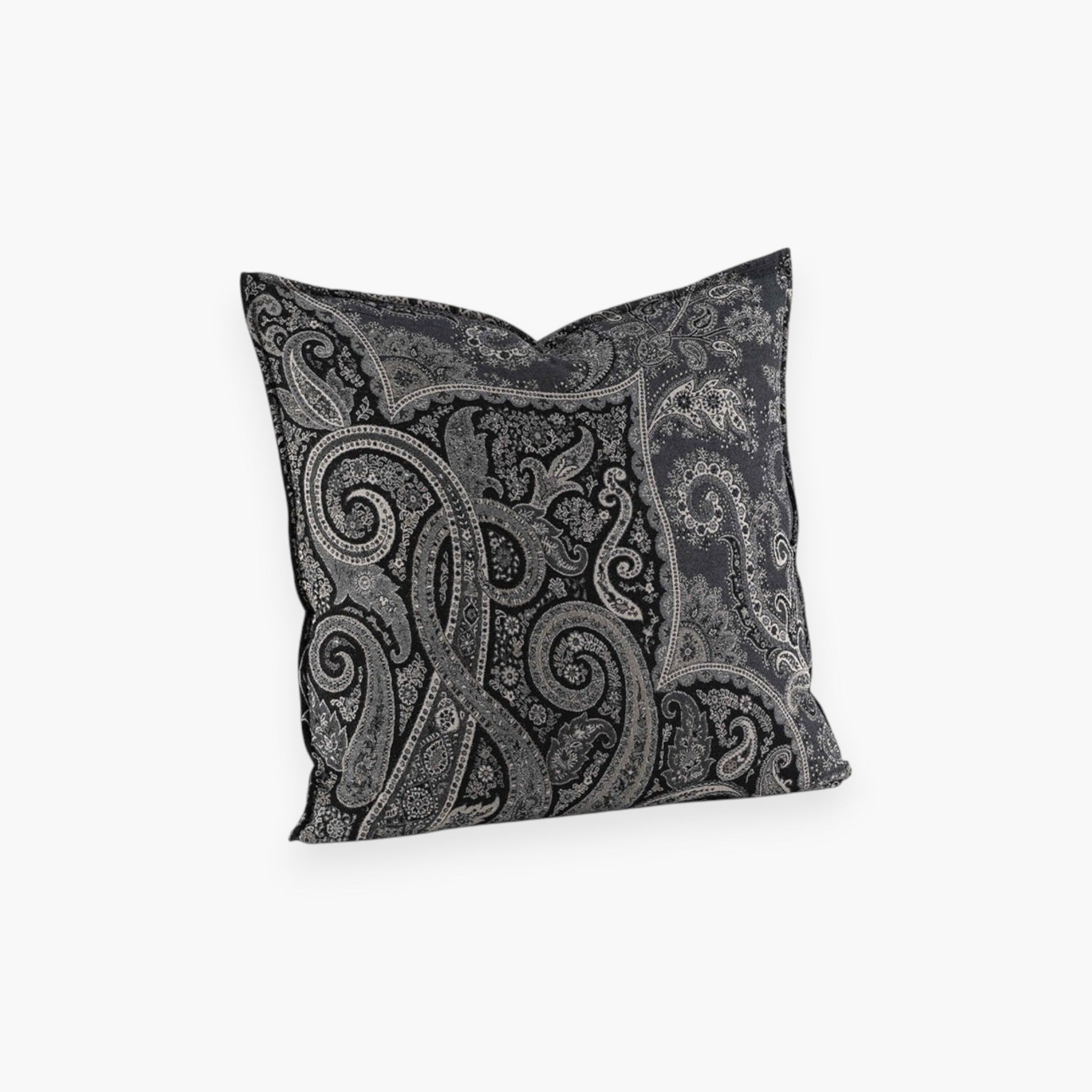 Lyckåsen Eroz cushion cover in dark grey with an elegant black and grey paisley pattern and hidden zipper closure.