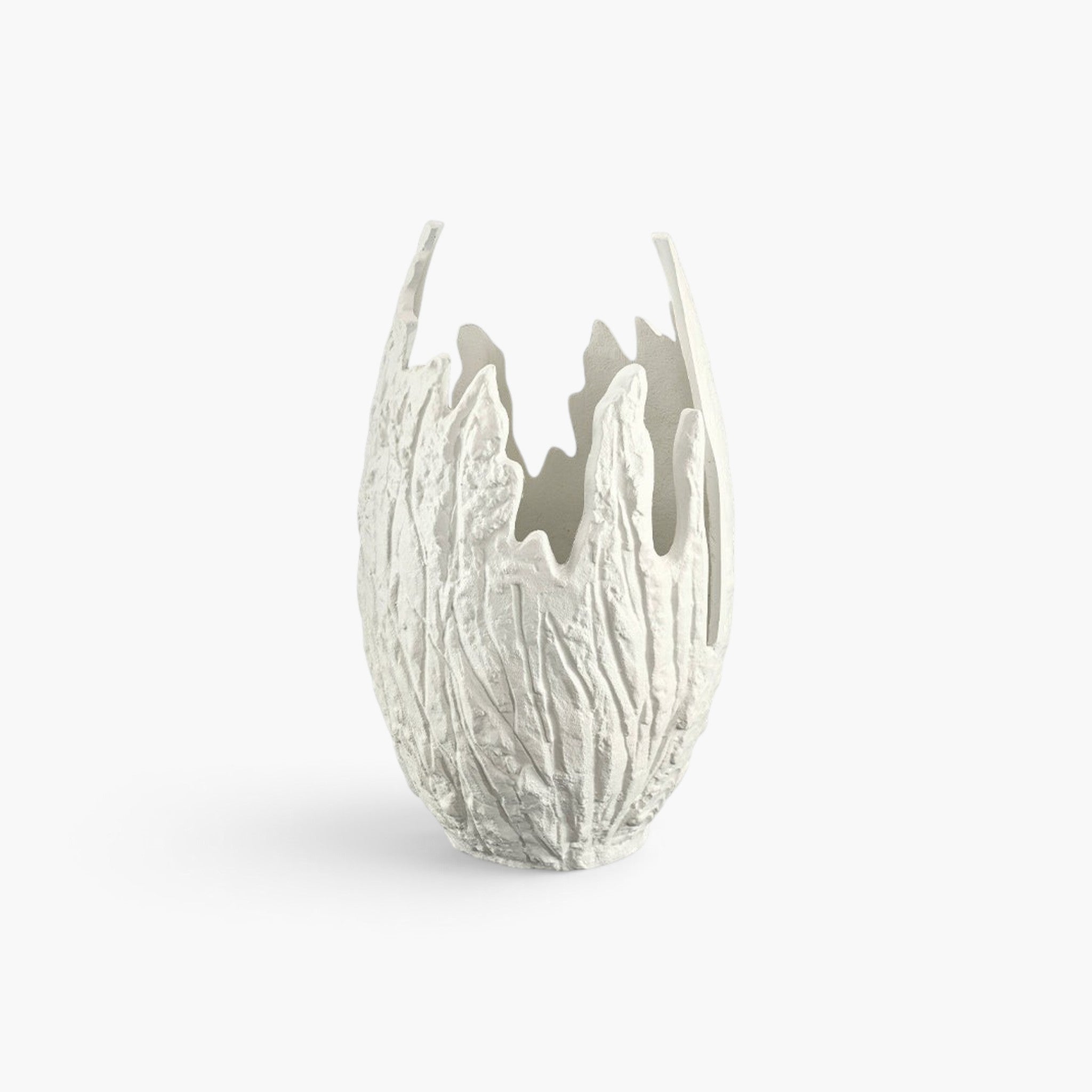 Lyckåsen Fiora ivory metal vase with organic wood-like texture and decorative jagged rim for interior styling