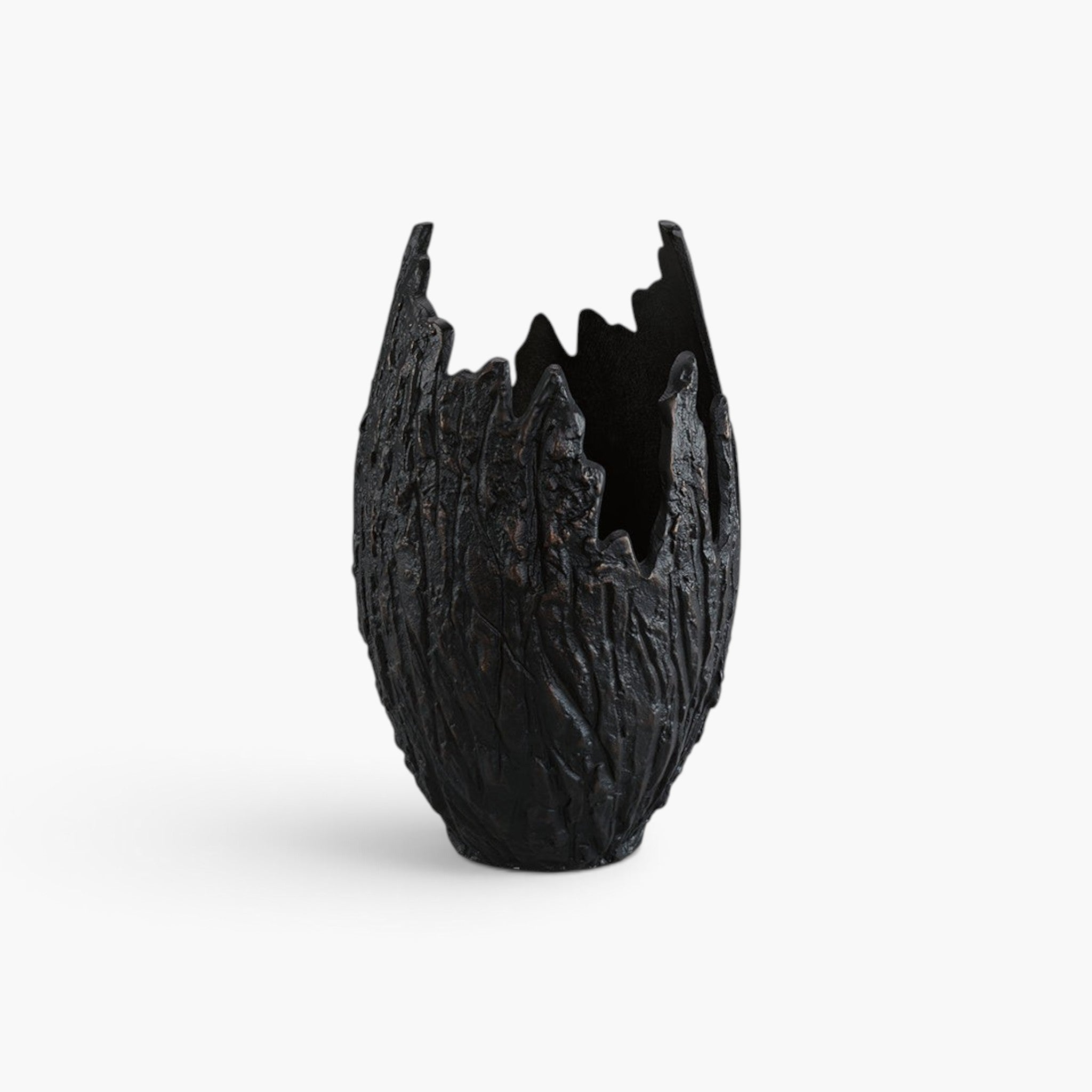 Lyckåsen Fiora tall metal vase in a dark textured organic shape with a unique wood-like finish for home decor.