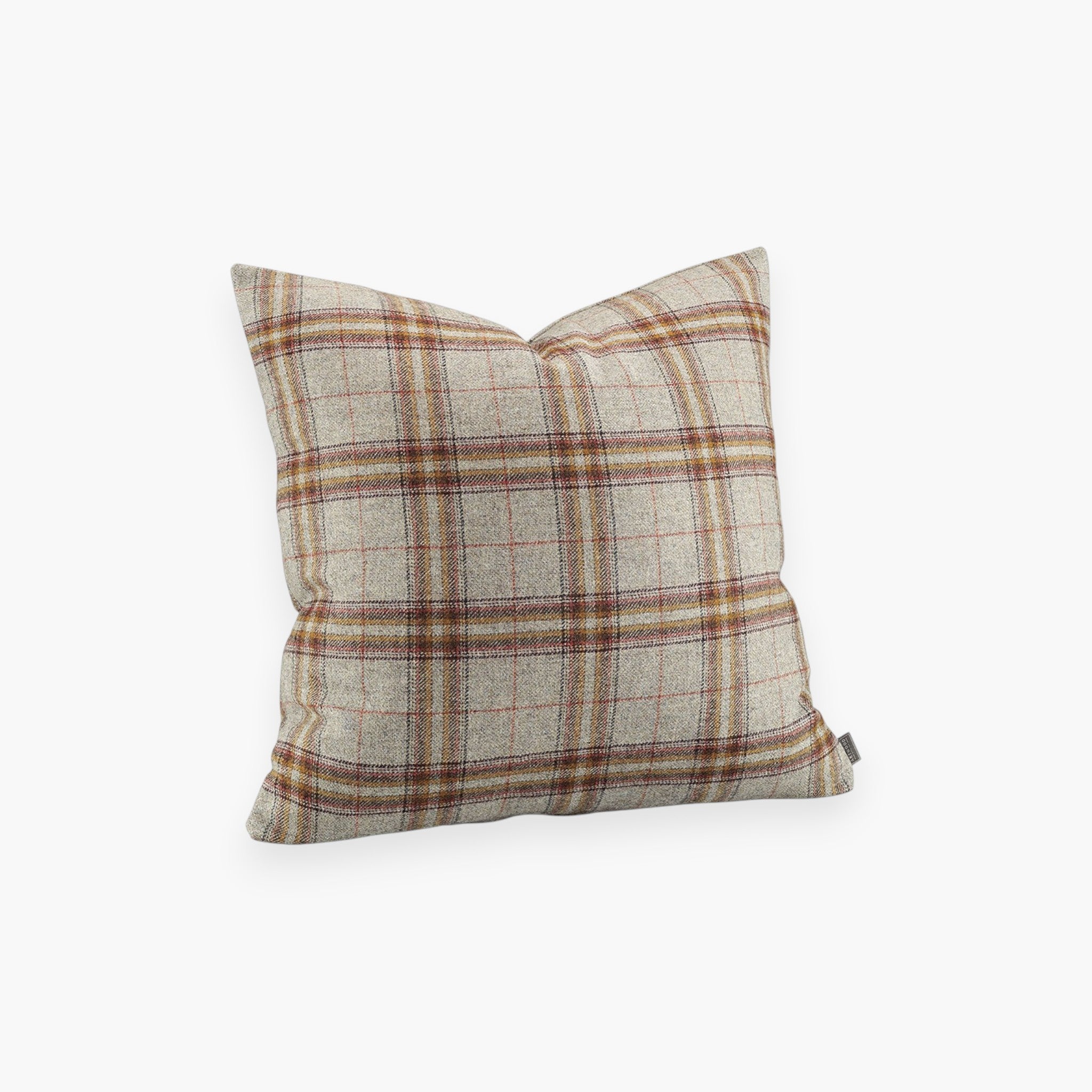 Lyckåsen Glensdale wool cushion cover with a grey and ochre woven check pattern and hidden zipper closure.