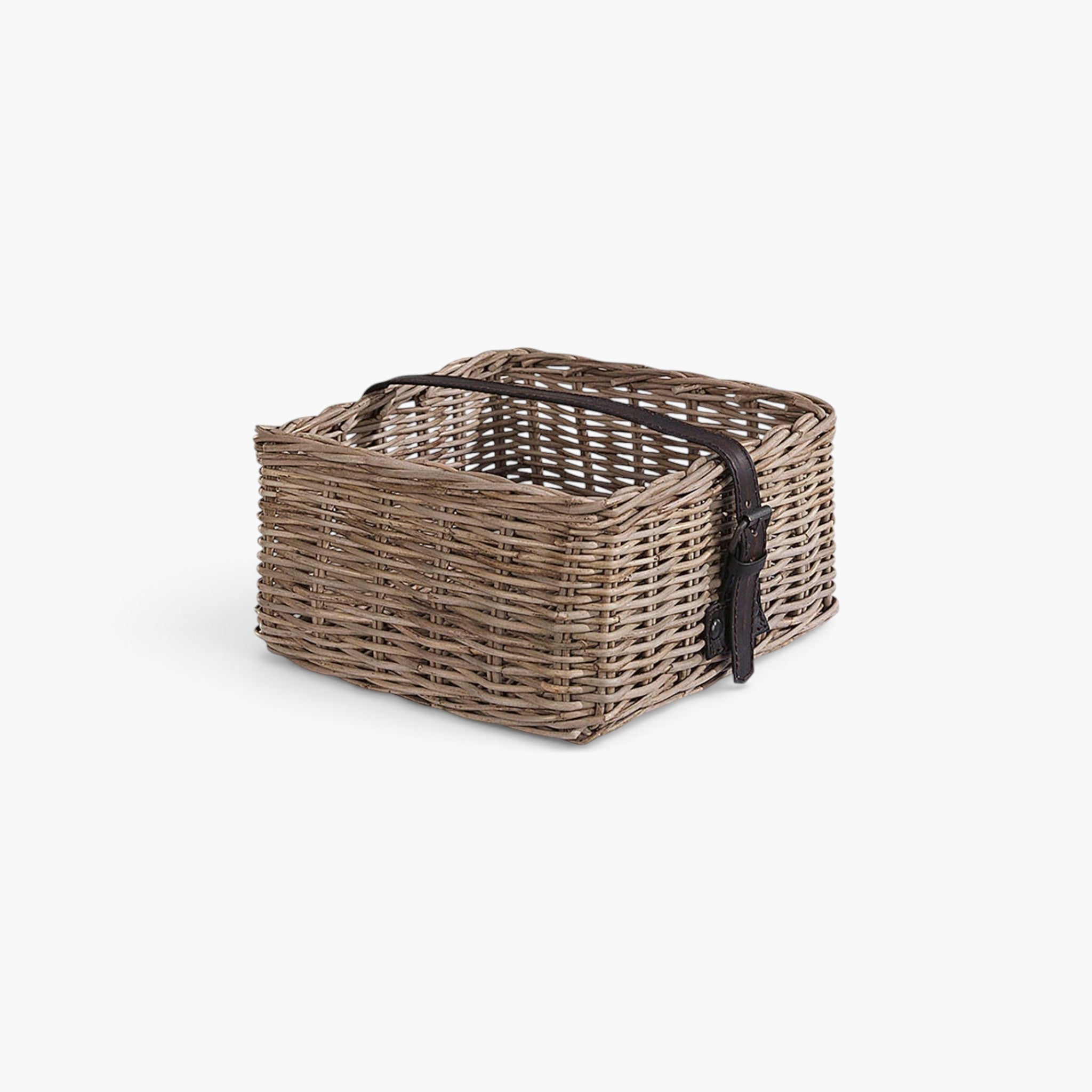 Lyckåsen square napkin tray in grey Kubu rattan with a decorative brown leather strap detail
