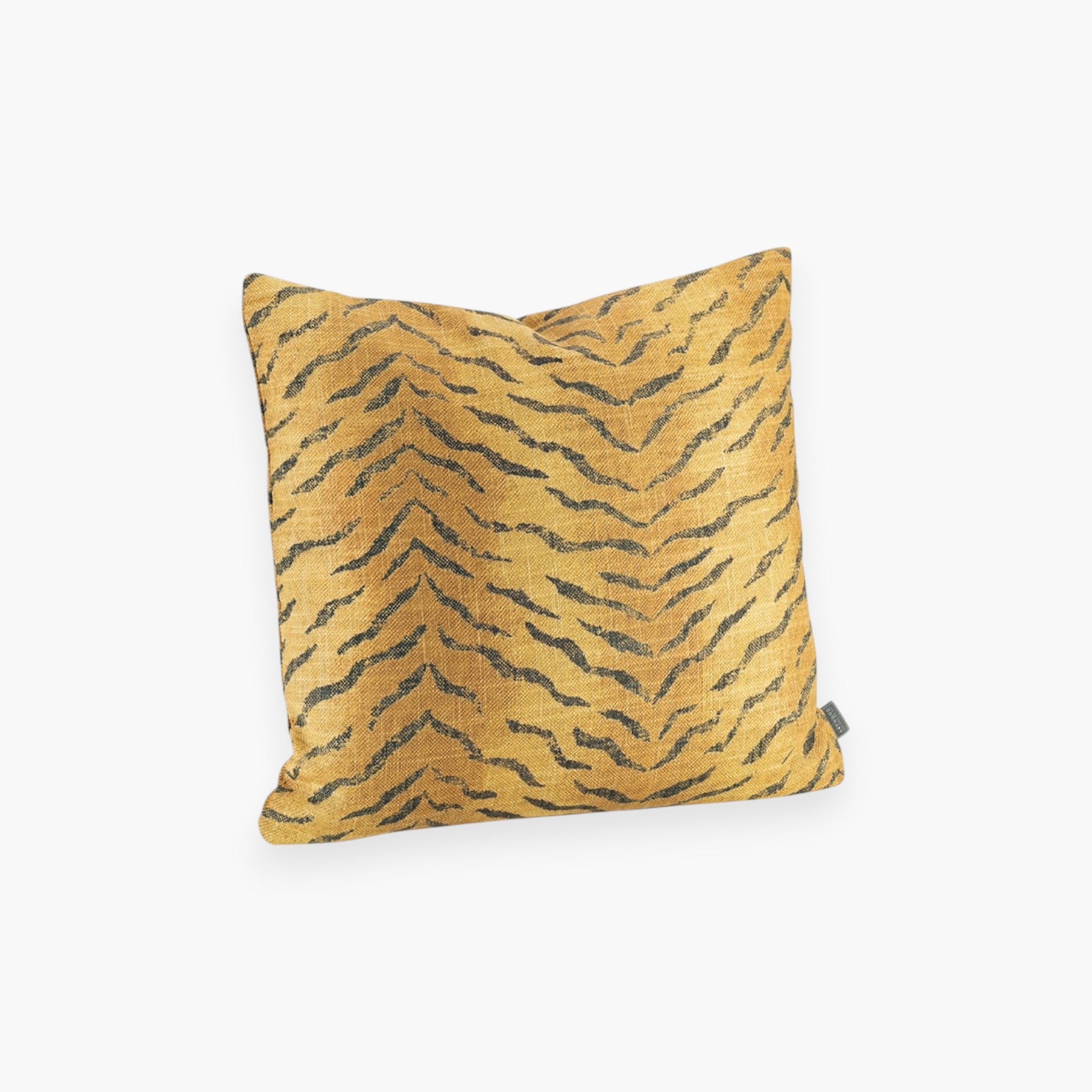 Lyckåsen Lamont saffron yellow cushion cover with a black zebra pattern in a textured linen blend fabric.