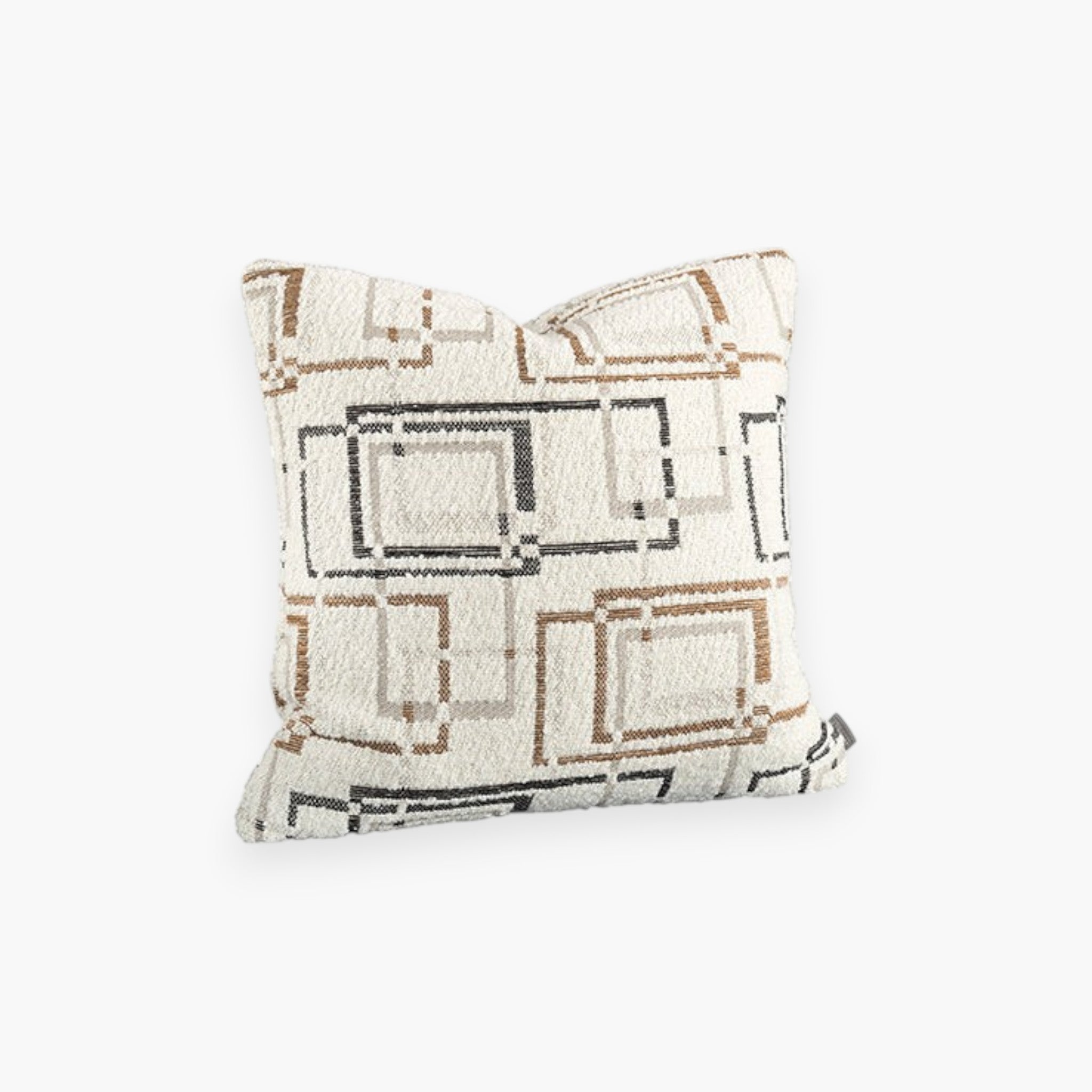 Lyckåsen Luca throw pillow cover with a modern graphic overlapping square pattern in black, beige, and brown on off-white