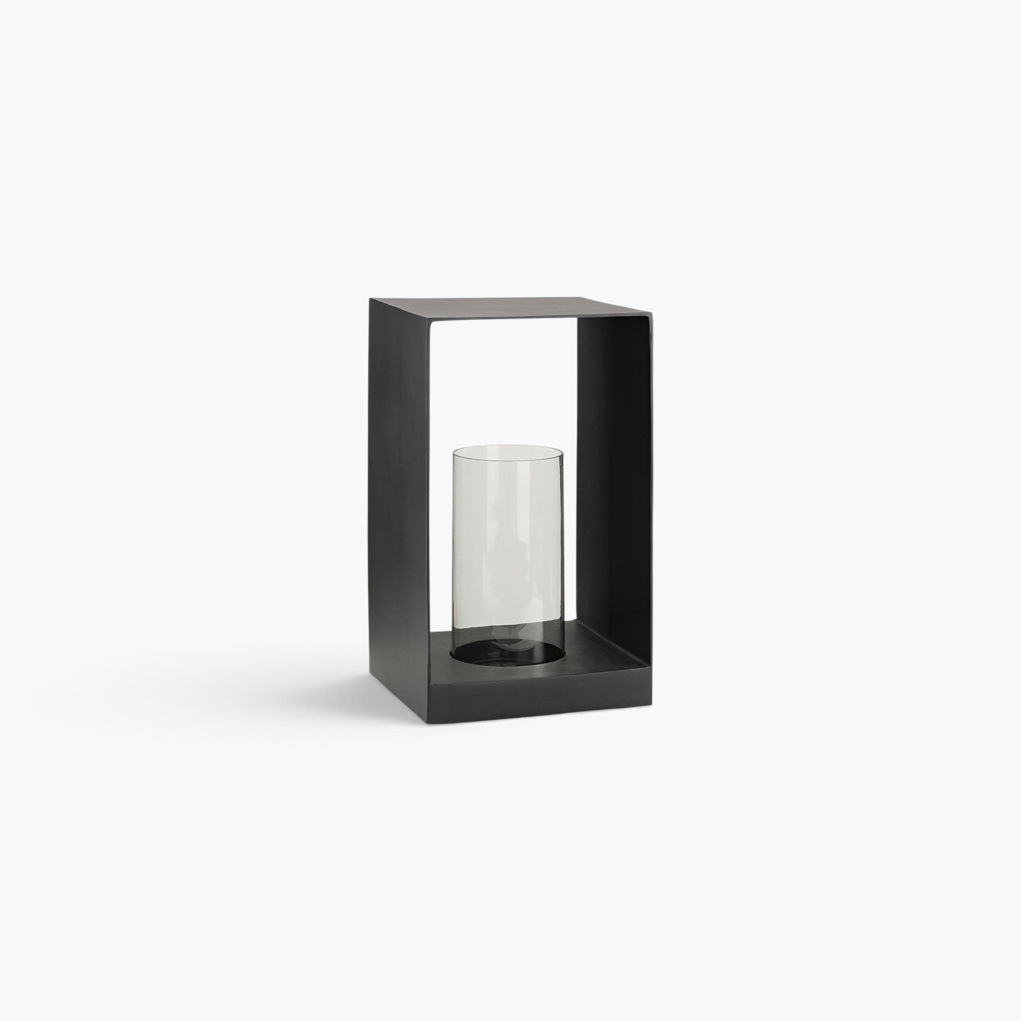 Lyckåsen Mancini lantern in black aluminium with a minimalist rectangular frame and a clear hand-blown glass insert.