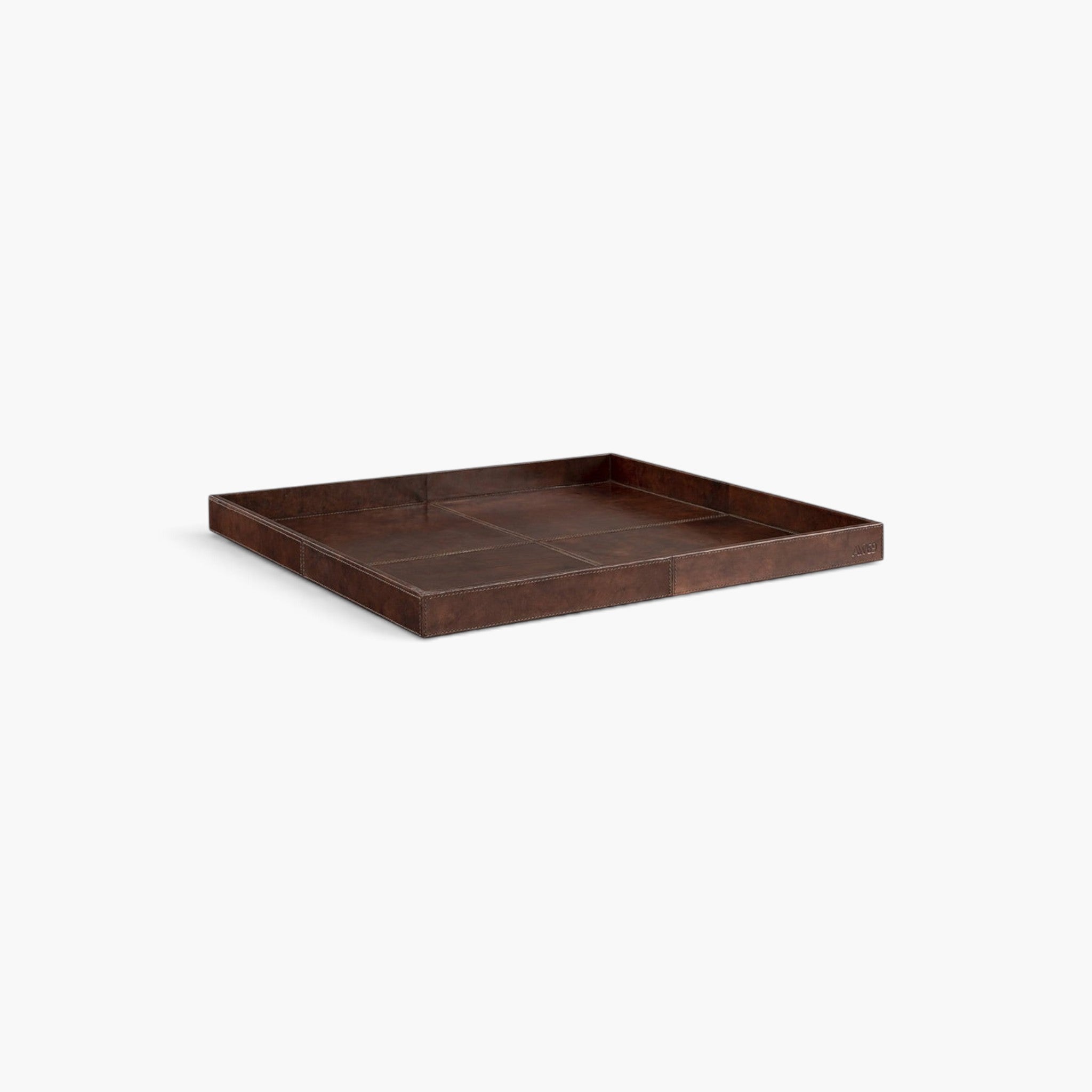 Lyckåsen Mendoza square brown leather serving tray with decorative stitching and a robust, timeless design.