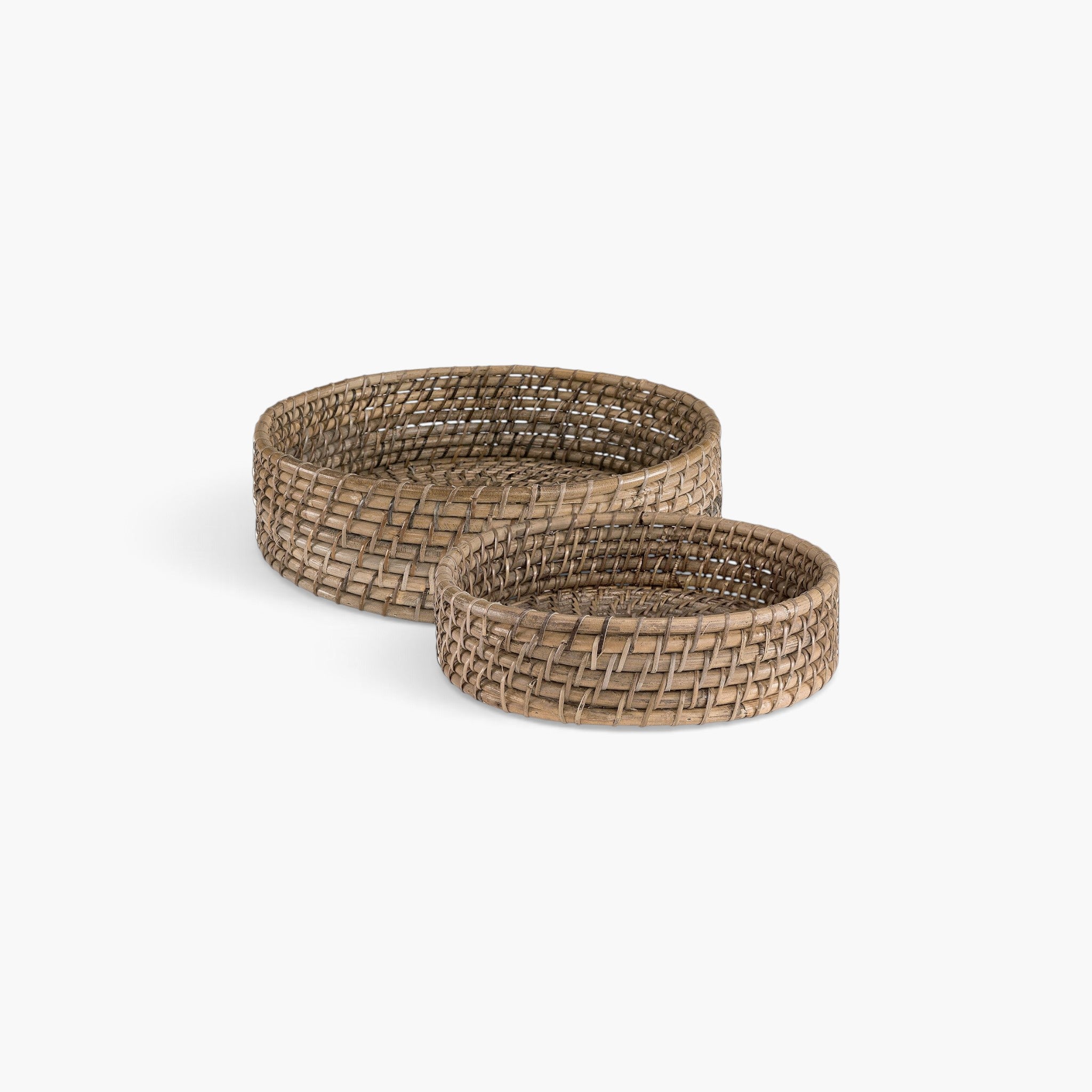 Lyckåsen set of two round hand-woven rattan bread baskets in a natural antique finish for table serving