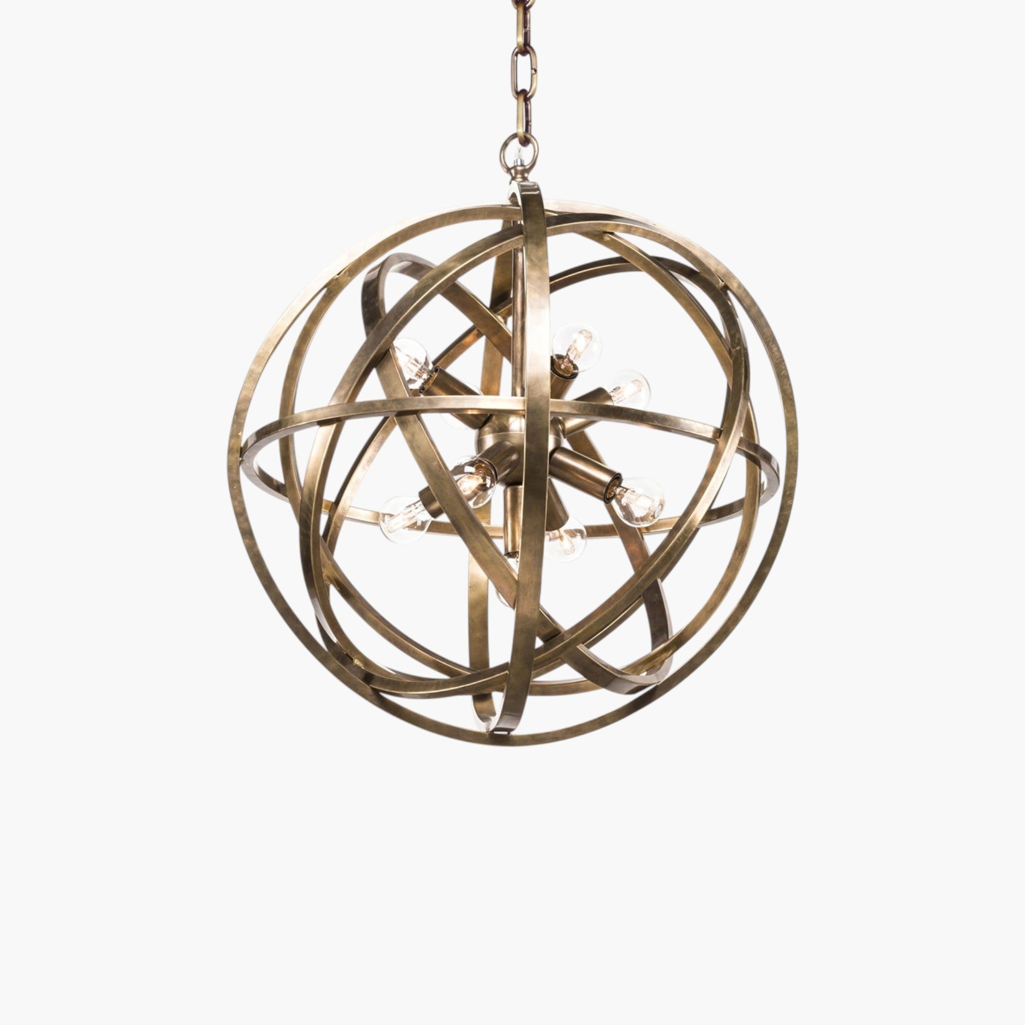 Lyckåsen Nest orb chandelier in old brass finish with a spherical metal frame and exposed light bulbs