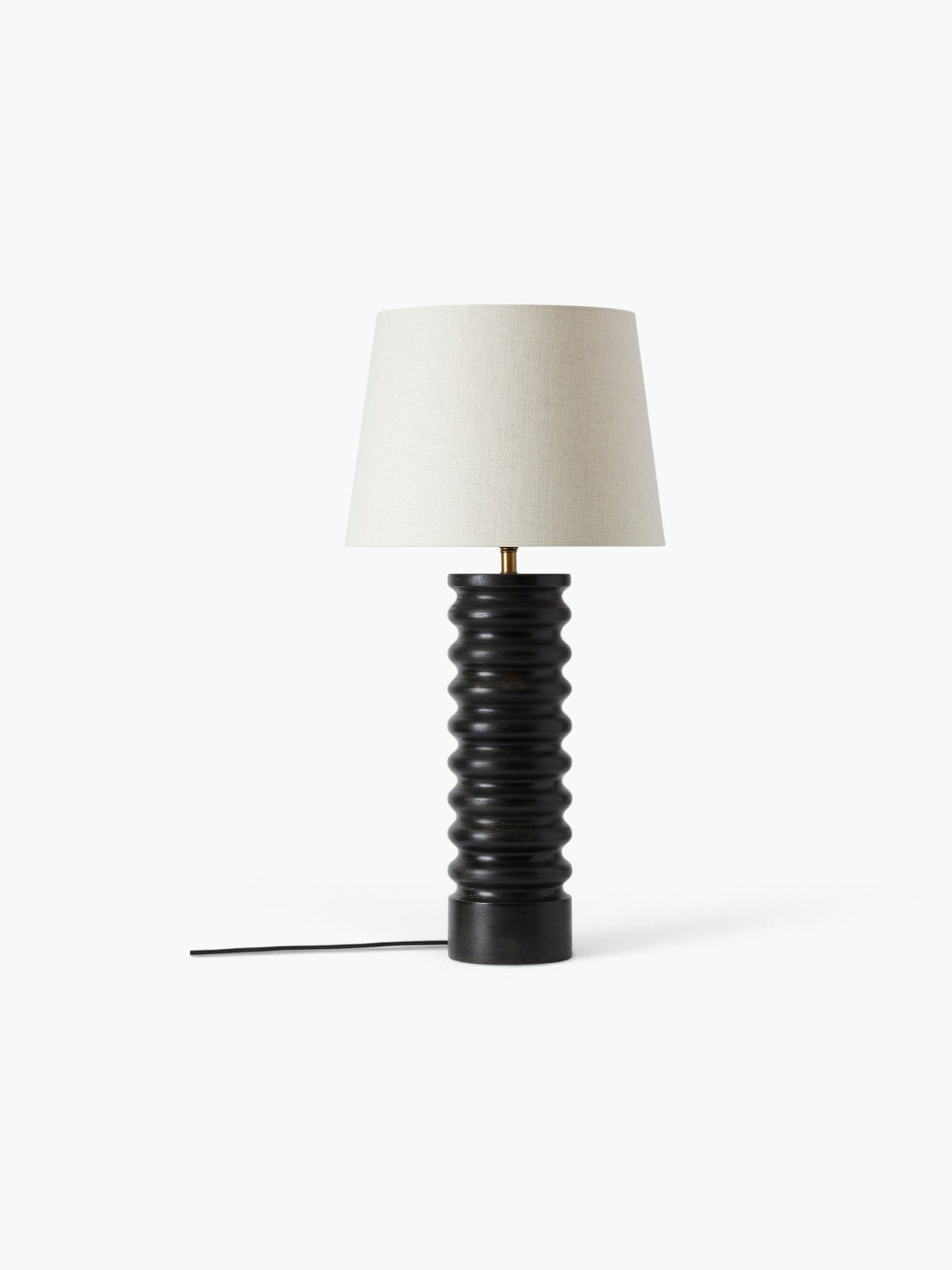 Lyckåsen Qvist 412 black wooden table lamp with a ribbed cylindrical base and a neutral fabric lampshade.