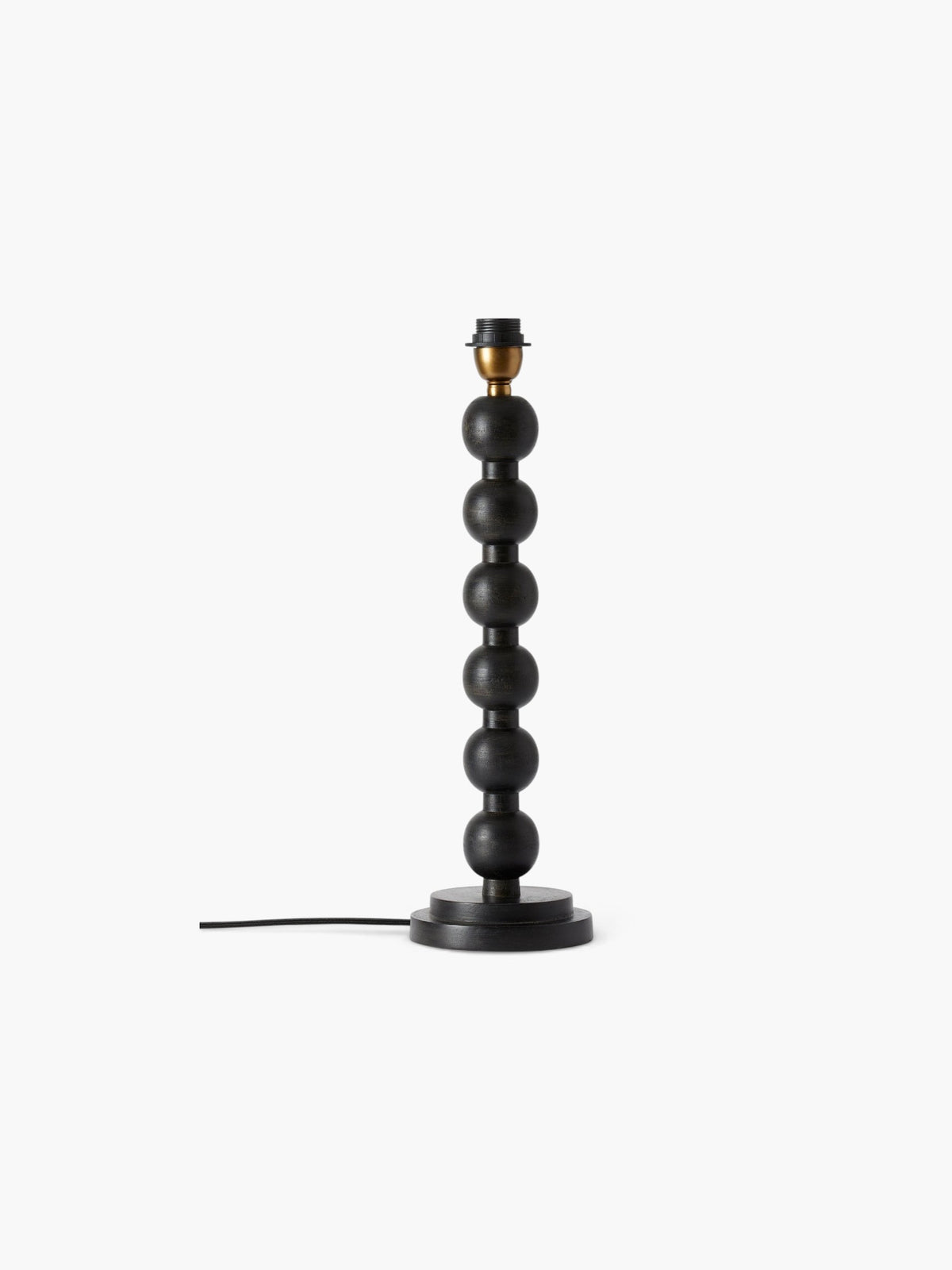 Lyckåsen Qvist 413 black wooden table lamp base with a stacked sphere design and brass socket detail.
