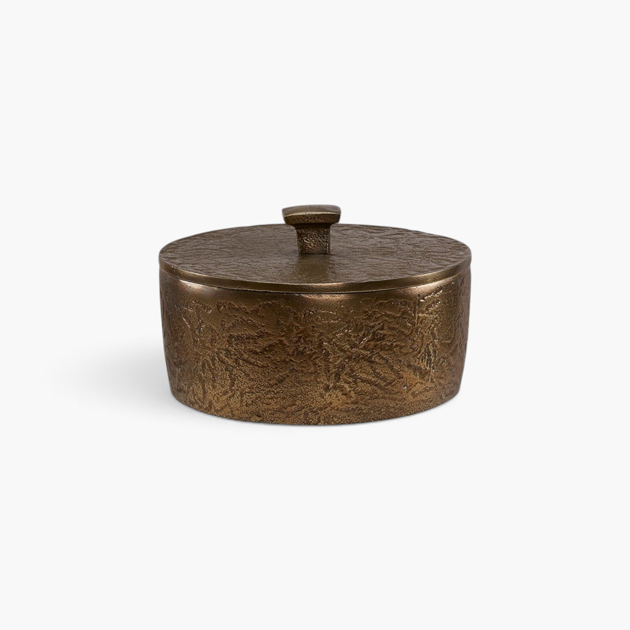 Lyckåsen Renzo round decorative metal storage box with a textured antique brass finish and a small lid handle.