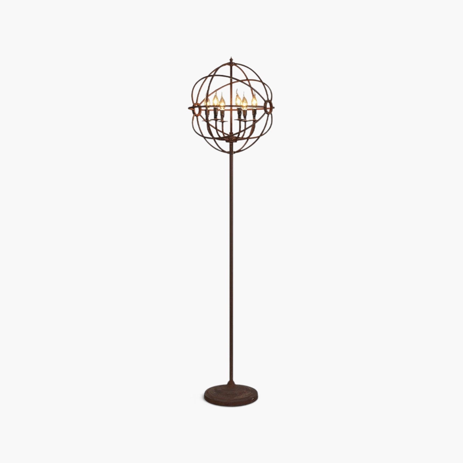 Lyckåsen Rome floor lamp in antique rust with a spherical metal frame and six E14 candle-style light sources.