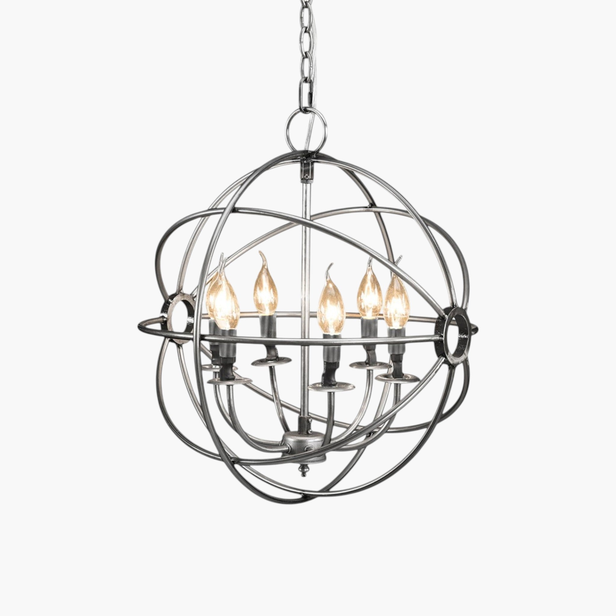 Lyckåsen Rome natural iron orb chandelier with five candle-style lights in a spherical metal frame