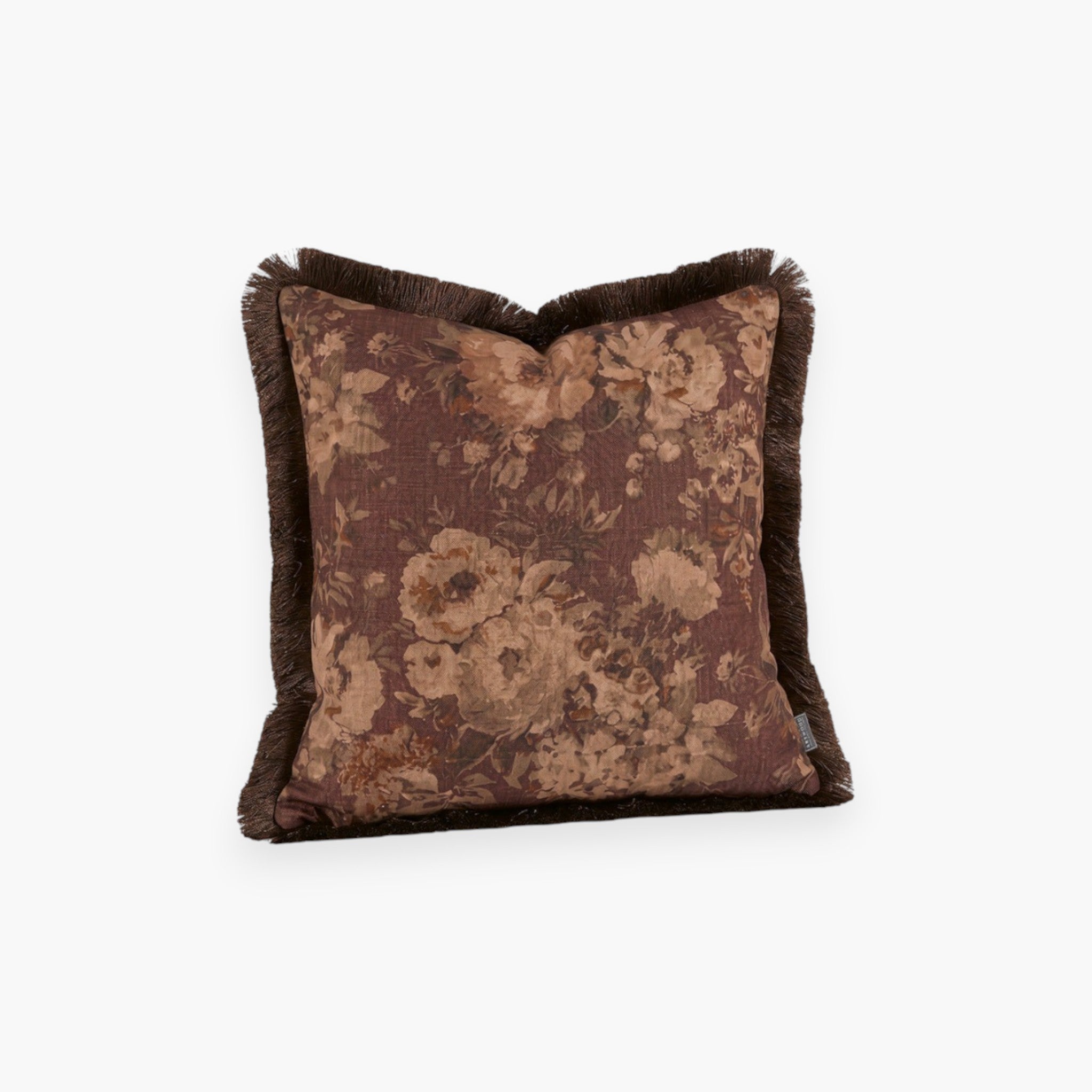 Lyckåsen Rosehill floral cushion cover in brown and beige linen-viscose blend with decorative dark brown fringe trim.