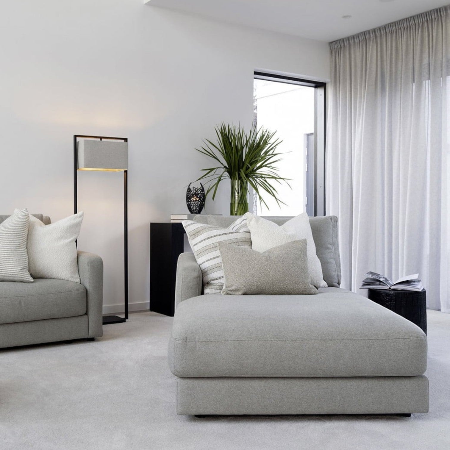 Lyckåsen Shade Donati floor lamp with a rectangular natural fabric shade in a modern living room setting.