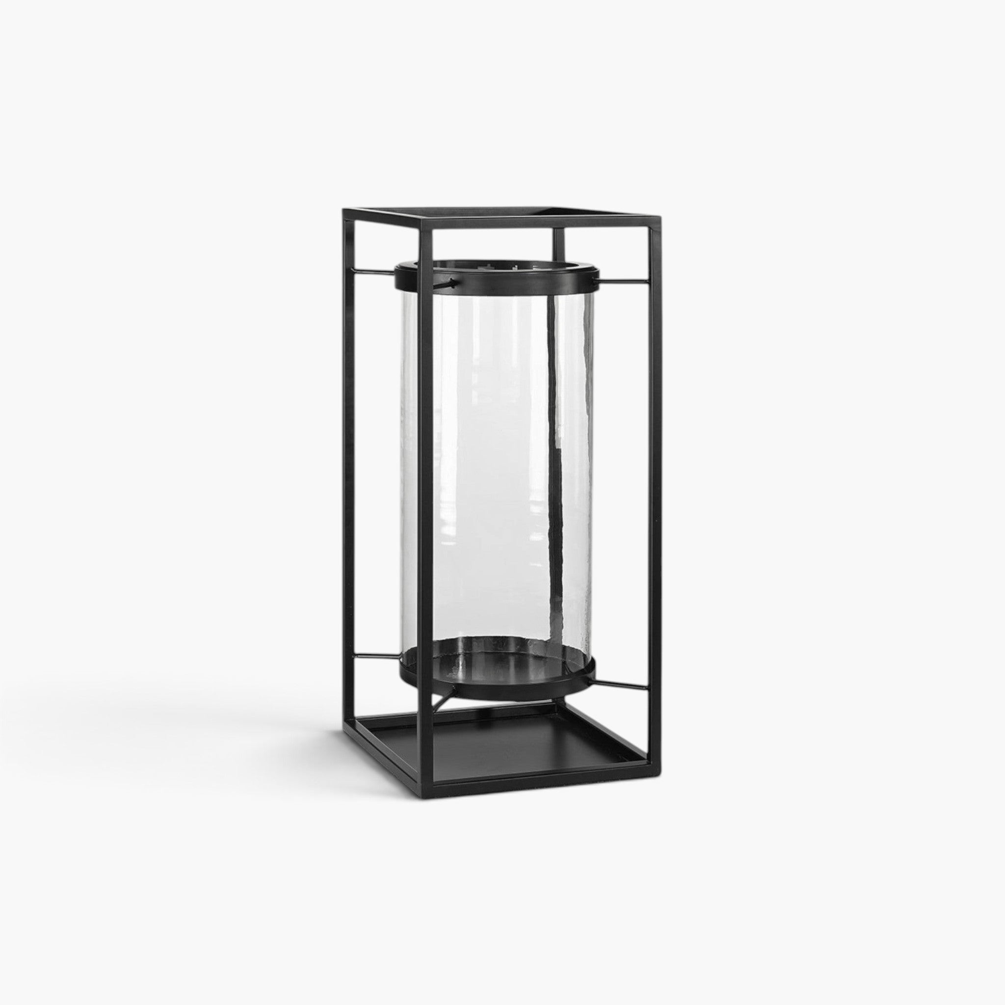 Lyckåsen Sonoma matte black metal lantern with a clear hand-blown glass cylinder insert for pillar candles