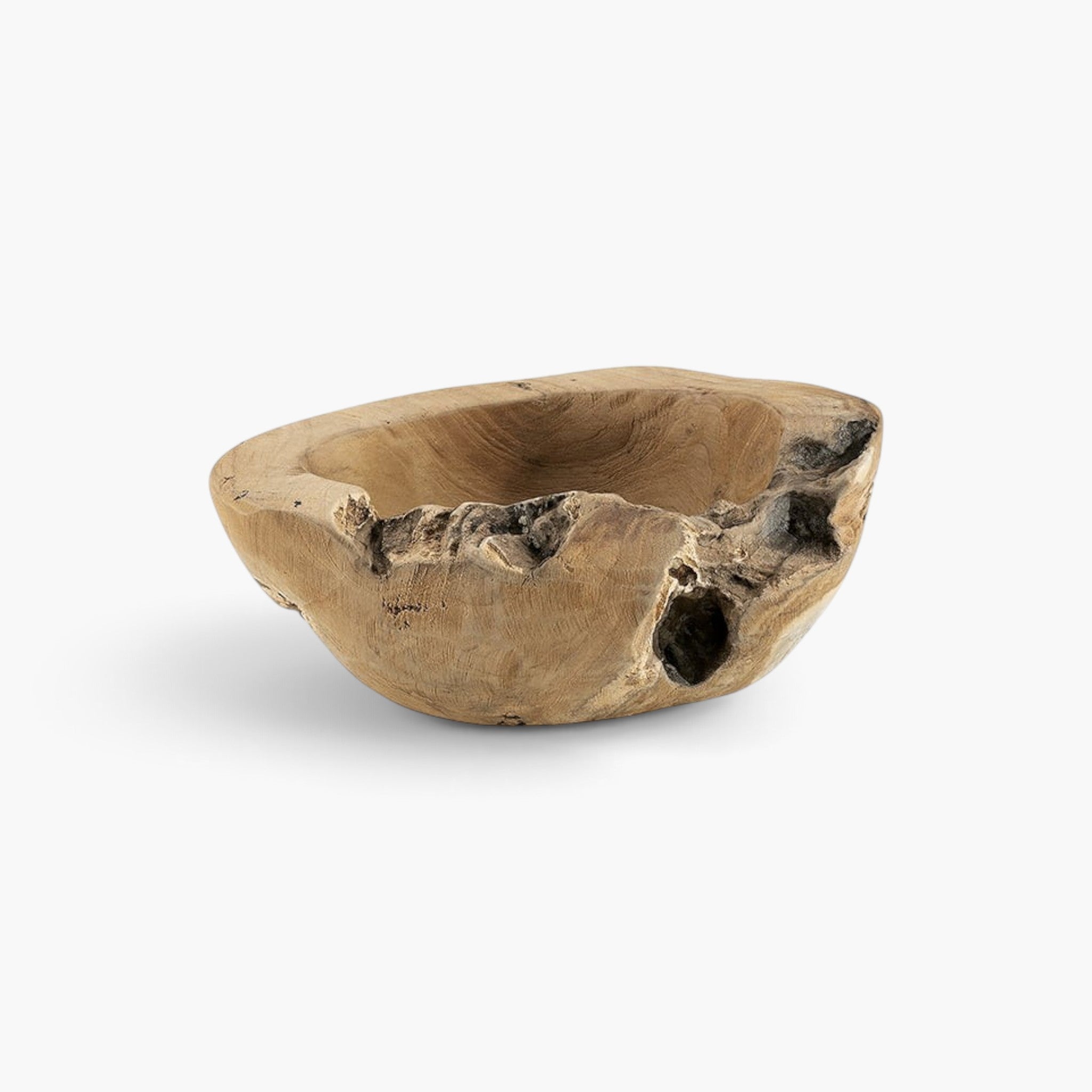 Lyckåsen rustic teak wood bowl with a natural driftwood-like shape and unique organic texture.