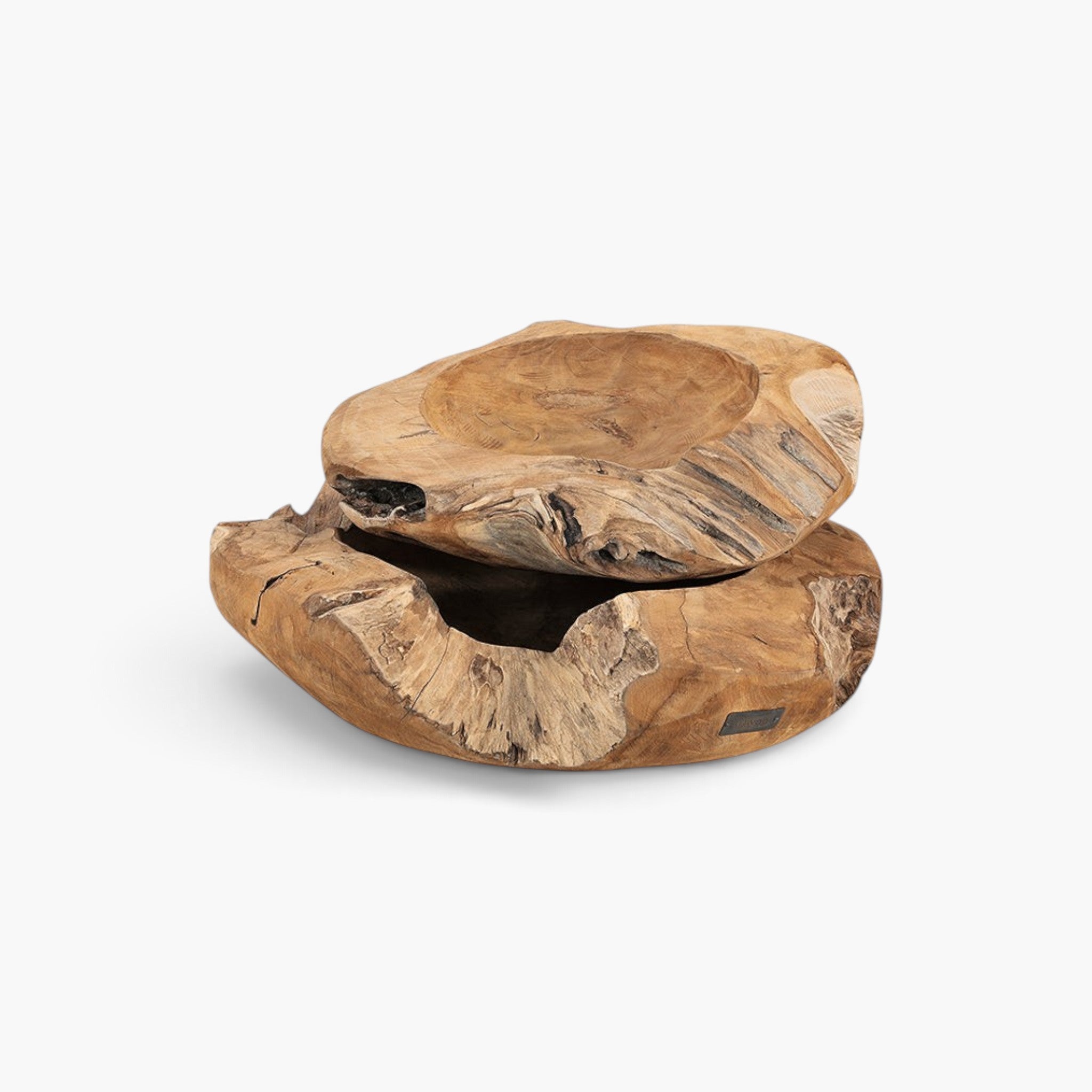 Lyckåsen set of two rustic teak wood bowls with a natural driftwood-inspired shape and unique organic textures.