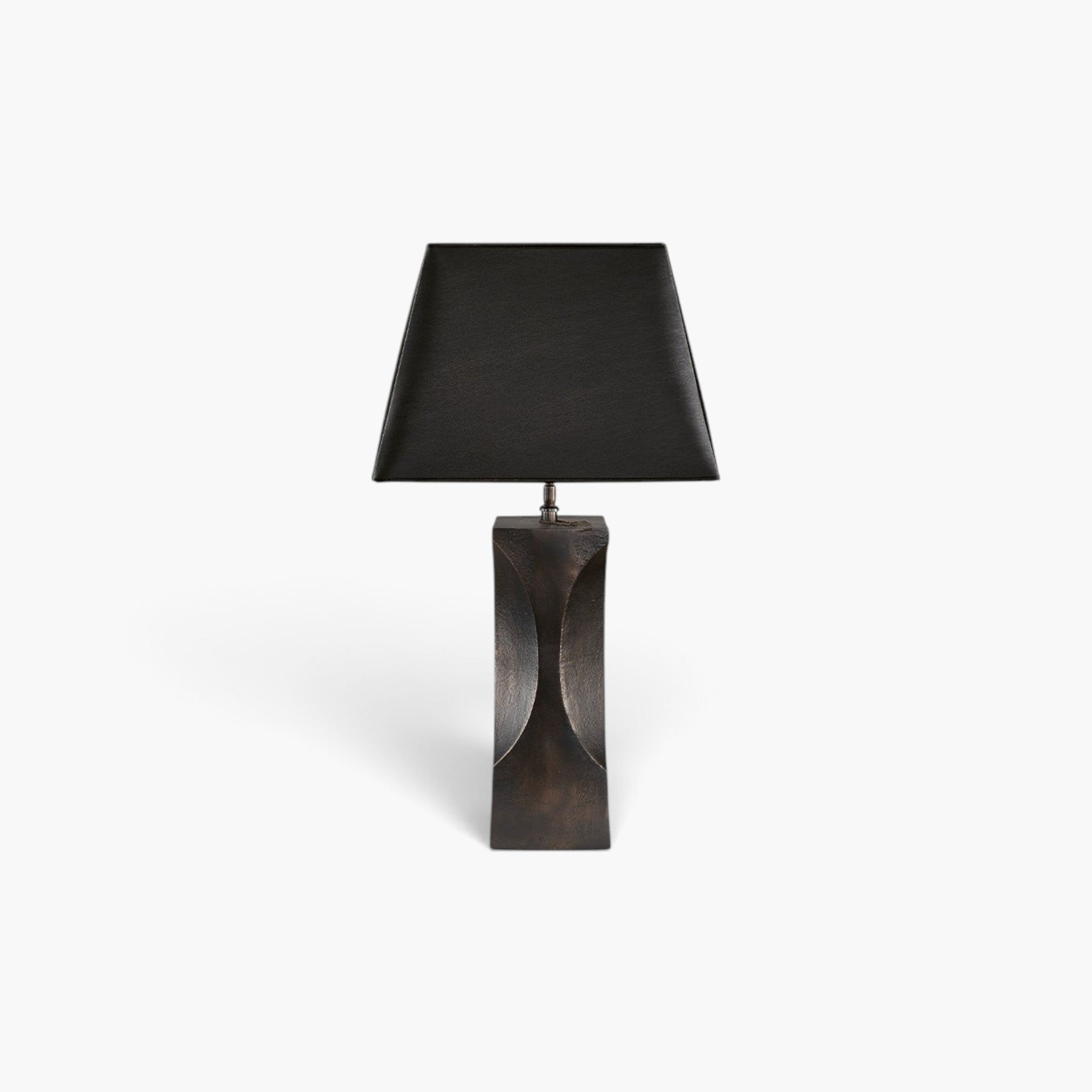 Lyckåsen Vezzani table lamp in antique bronze aluminum with a sculptural base and a black fabric lampshade