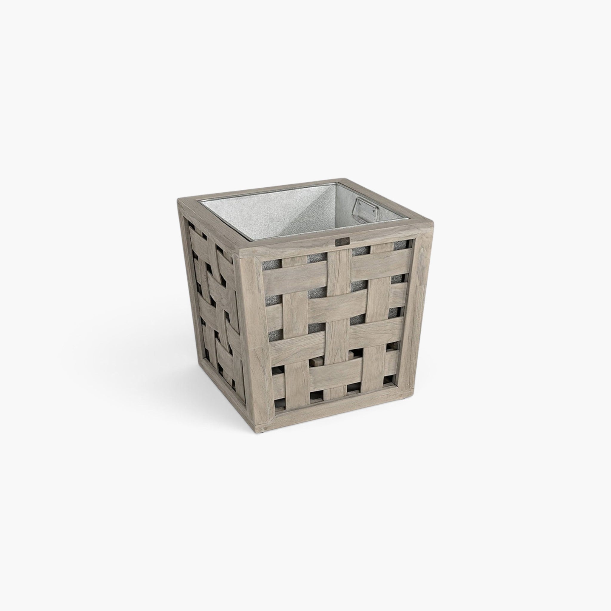 Lyckåsen square outdoor planter made of woven grey teak wood with a durable zinc interior lining.