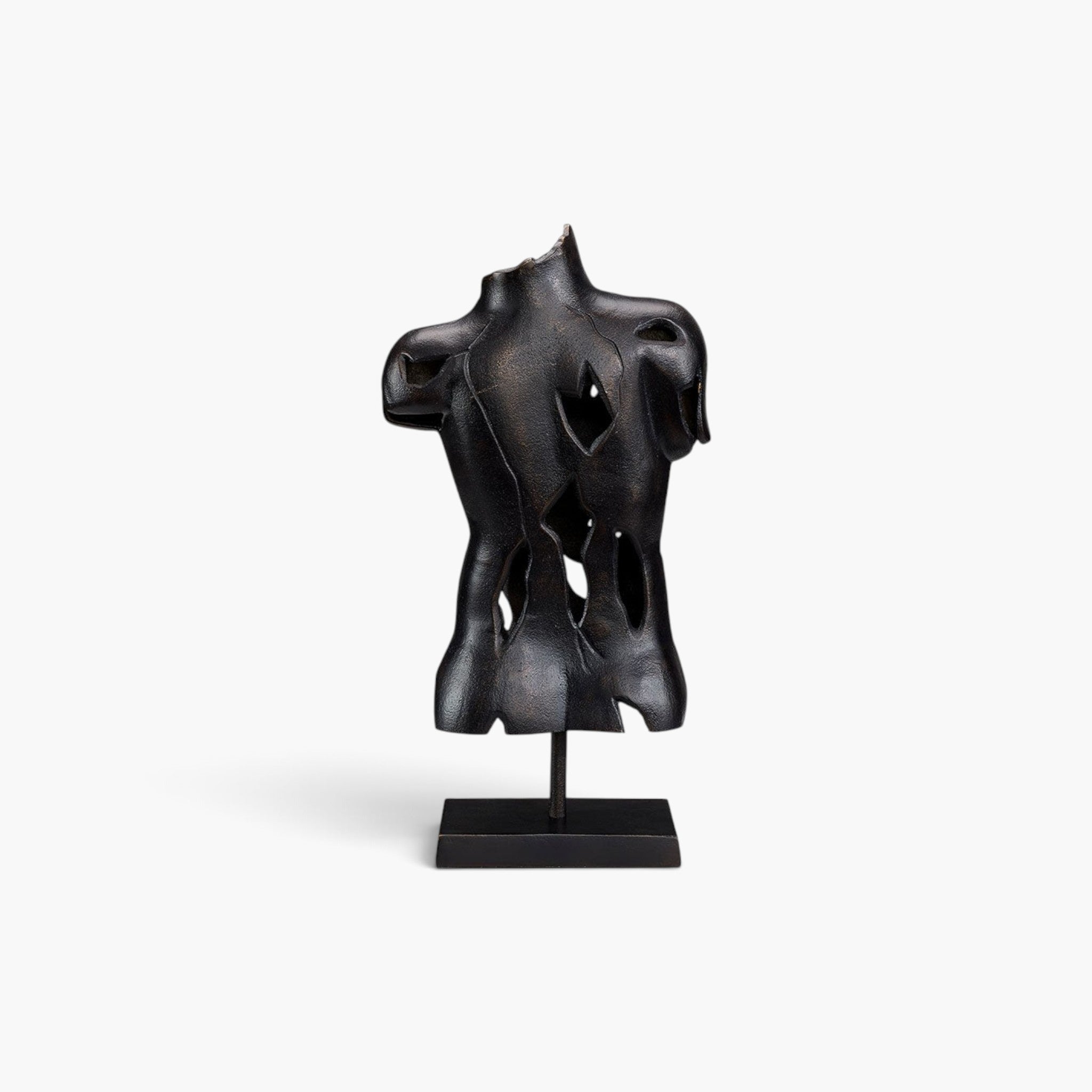 Lyckåsen antique bronze metal torso statue with a minimalist stylized male upper body design on a square base.