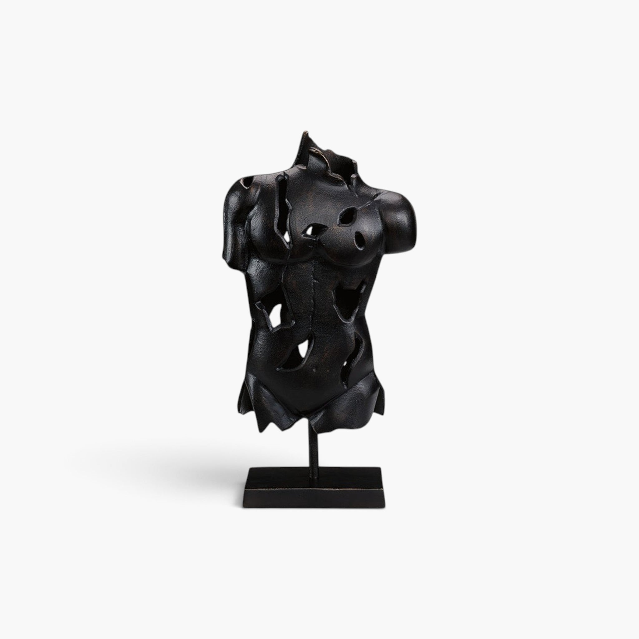 Lyckåsen antique bronze metal torso statue with a stylized, minimalist design on a sturdy square base.