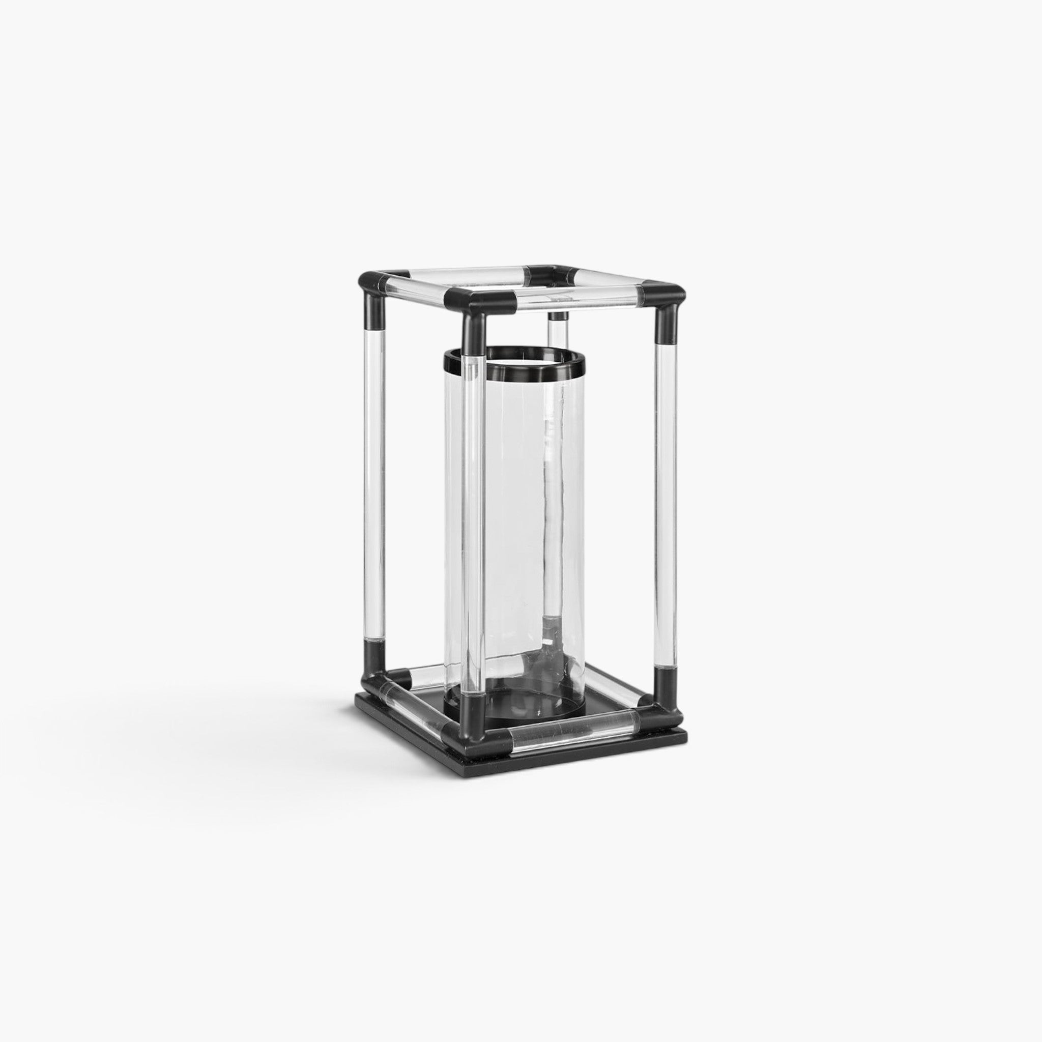 Lyckåsen Baltimore lantern in matte black metal and clear plexiglass with a central glass candle holder