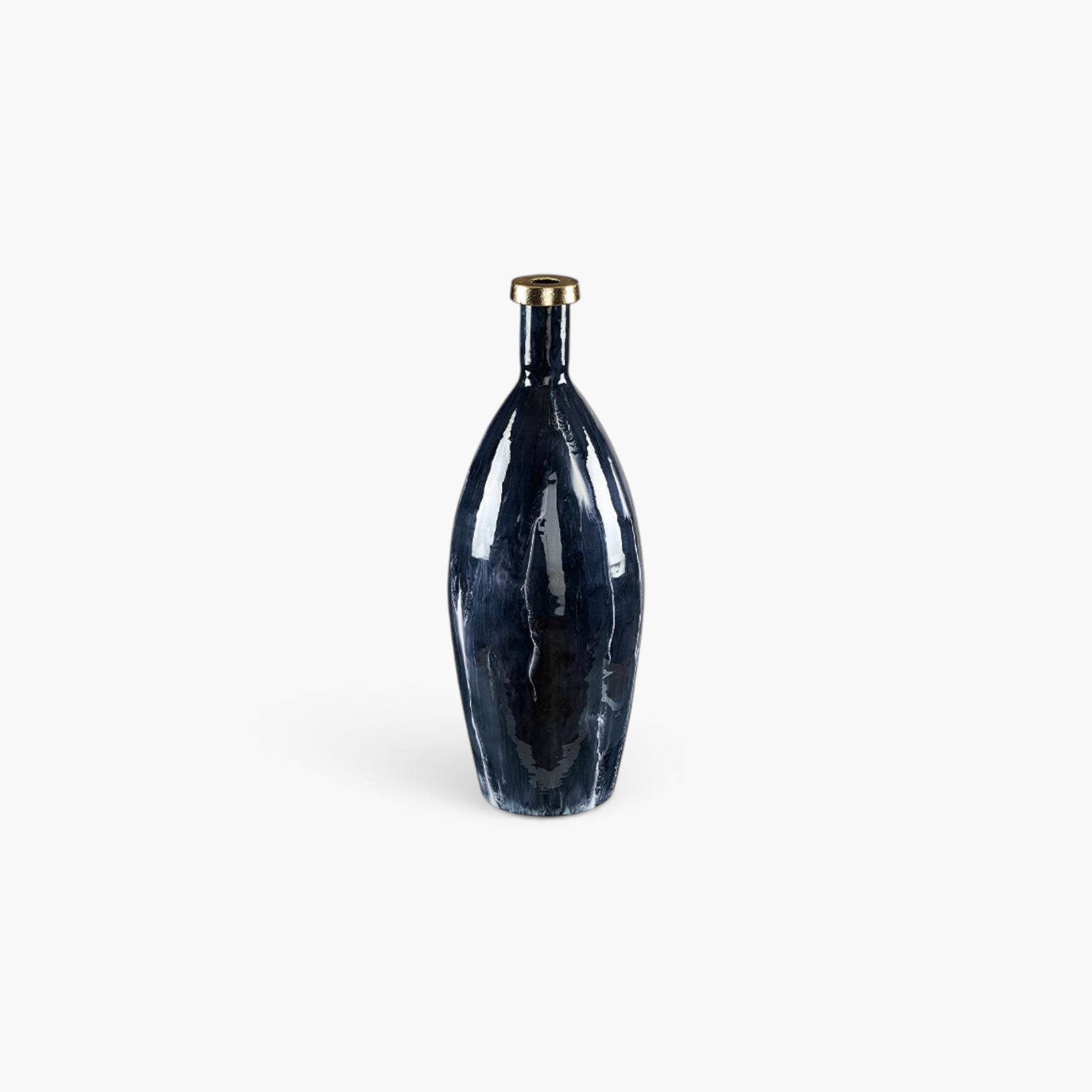 Lyckåsen Belmont indigo blue hand-enameled metal vase with a glossy finish and metallic rim, 44 cm tall.