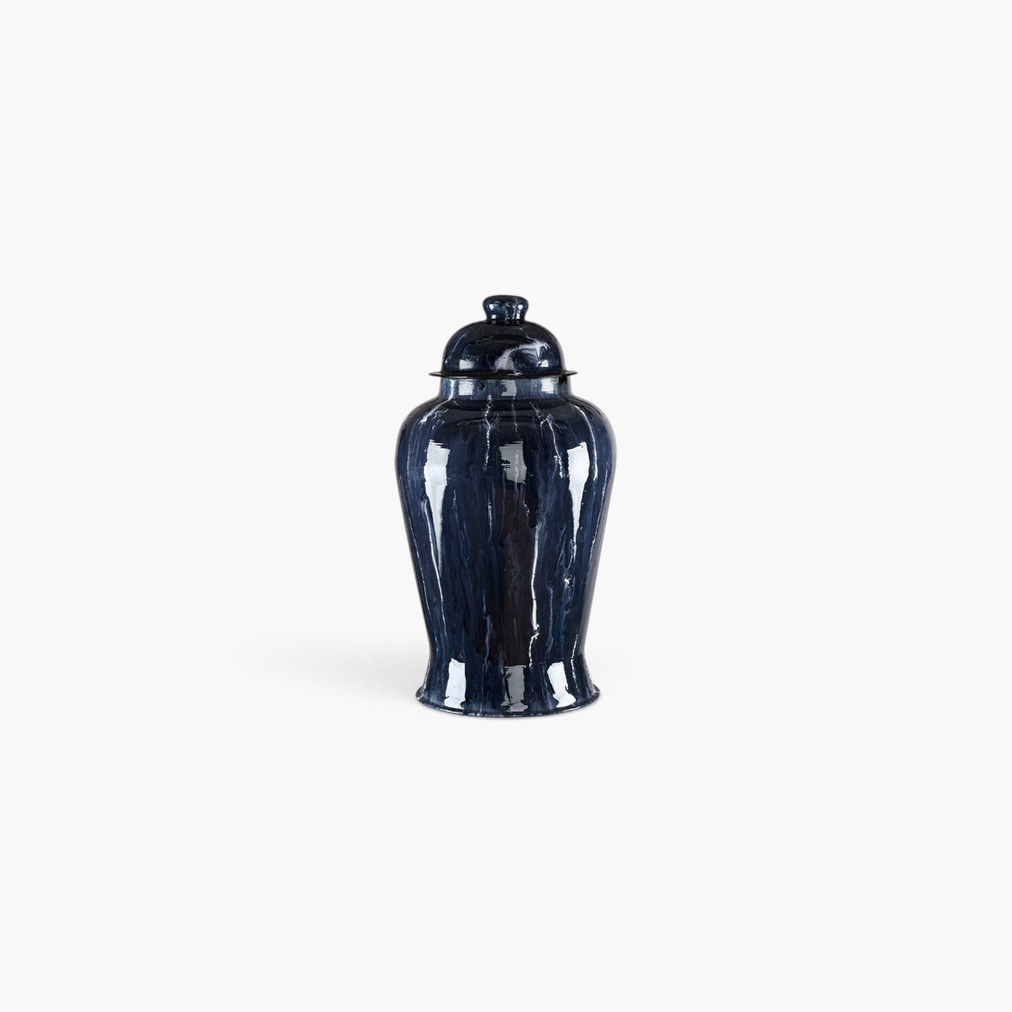 Lyckåsen Belmont indigo metal urn with a glossy hand-enameled finish and decorative lid for elegant home decor.