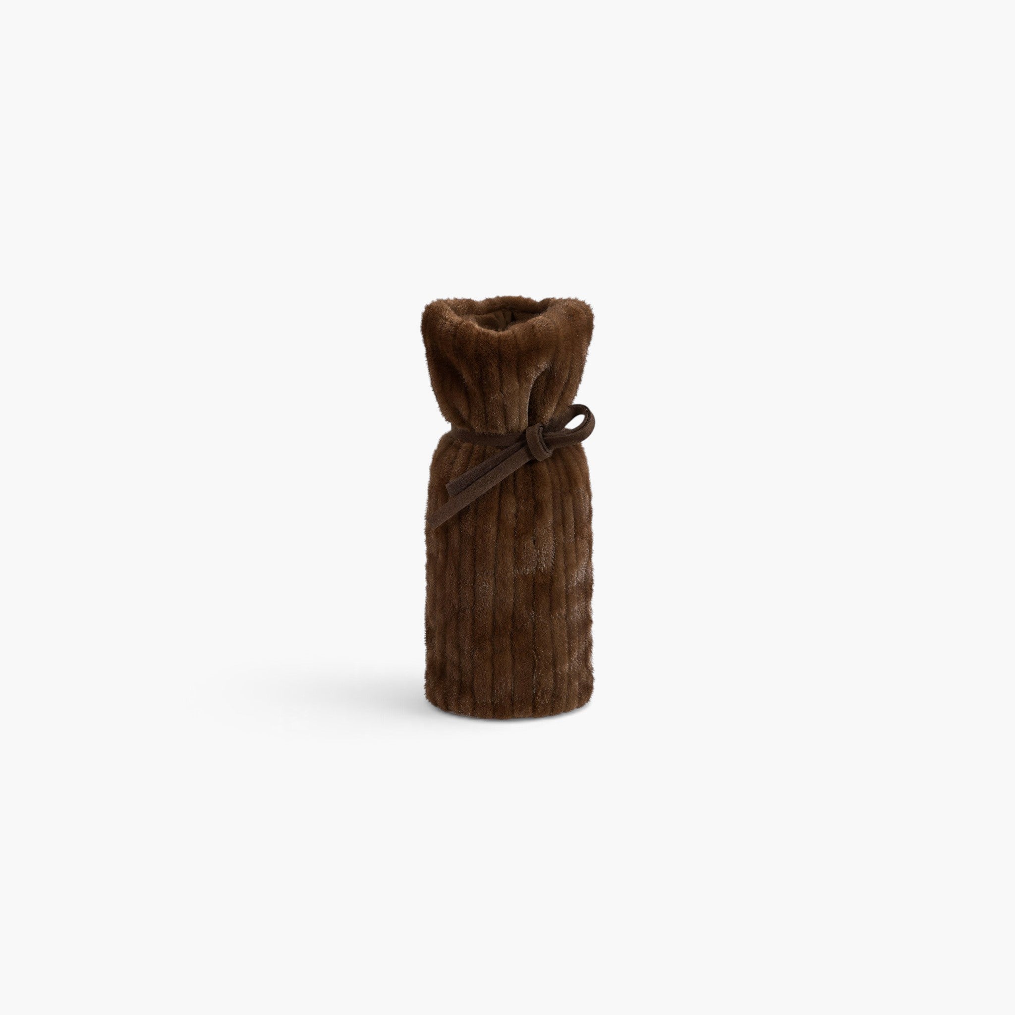 Lyckåsen brown faux mink fur wine bottle bag with a faux leather drawstring tie