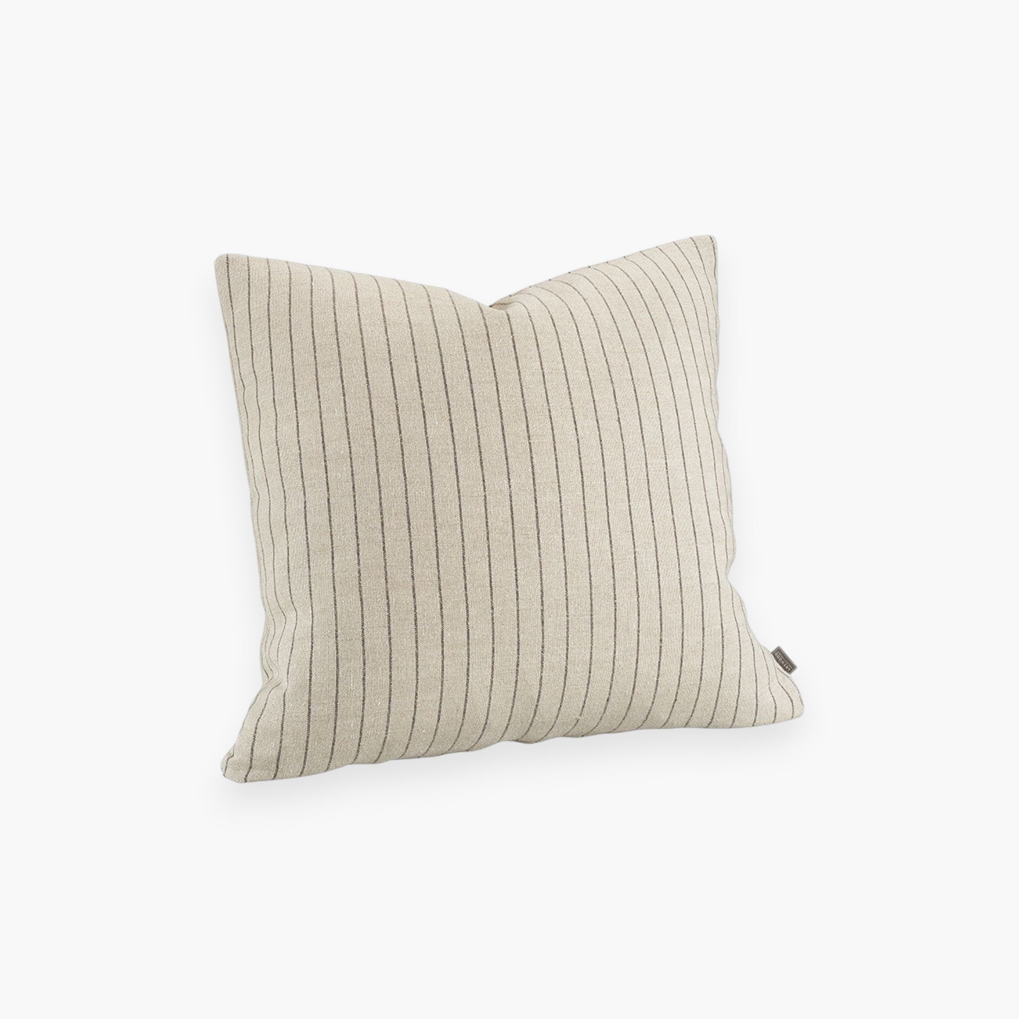 Lyckåsen Byblos linen cushion cover in beige with thin black vertical stripes and a hidden zipper closure.