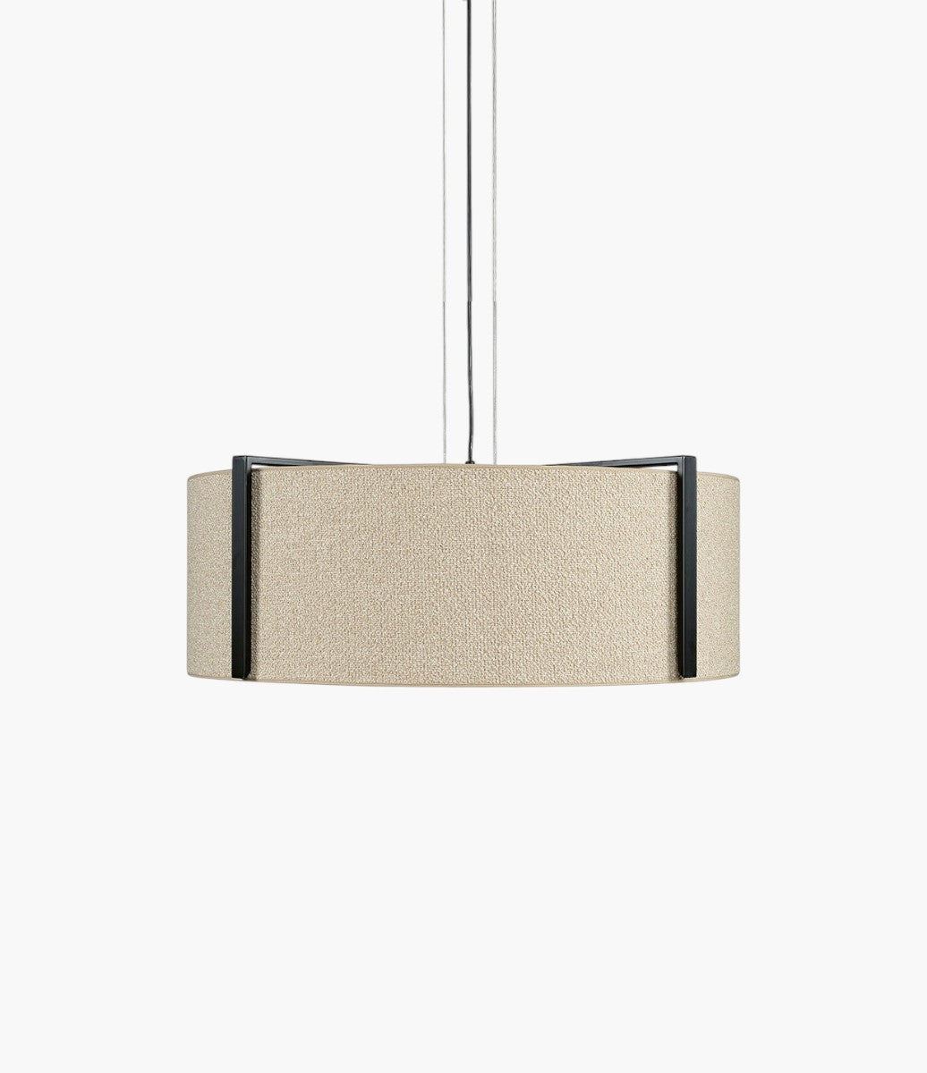 Lyckåsen Calgary pendant lamp in beige textured fabric with a modern black metal frame for four light bulbs.