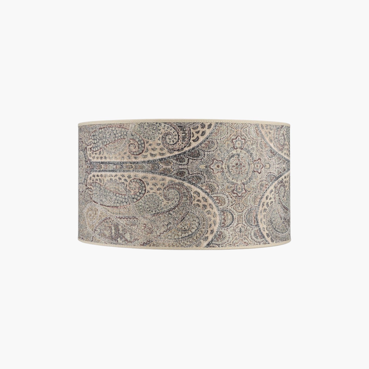 Lyckåsen Shade Cylinder lampshade in Sheldon paisley brown fabric with a classic patterned design.