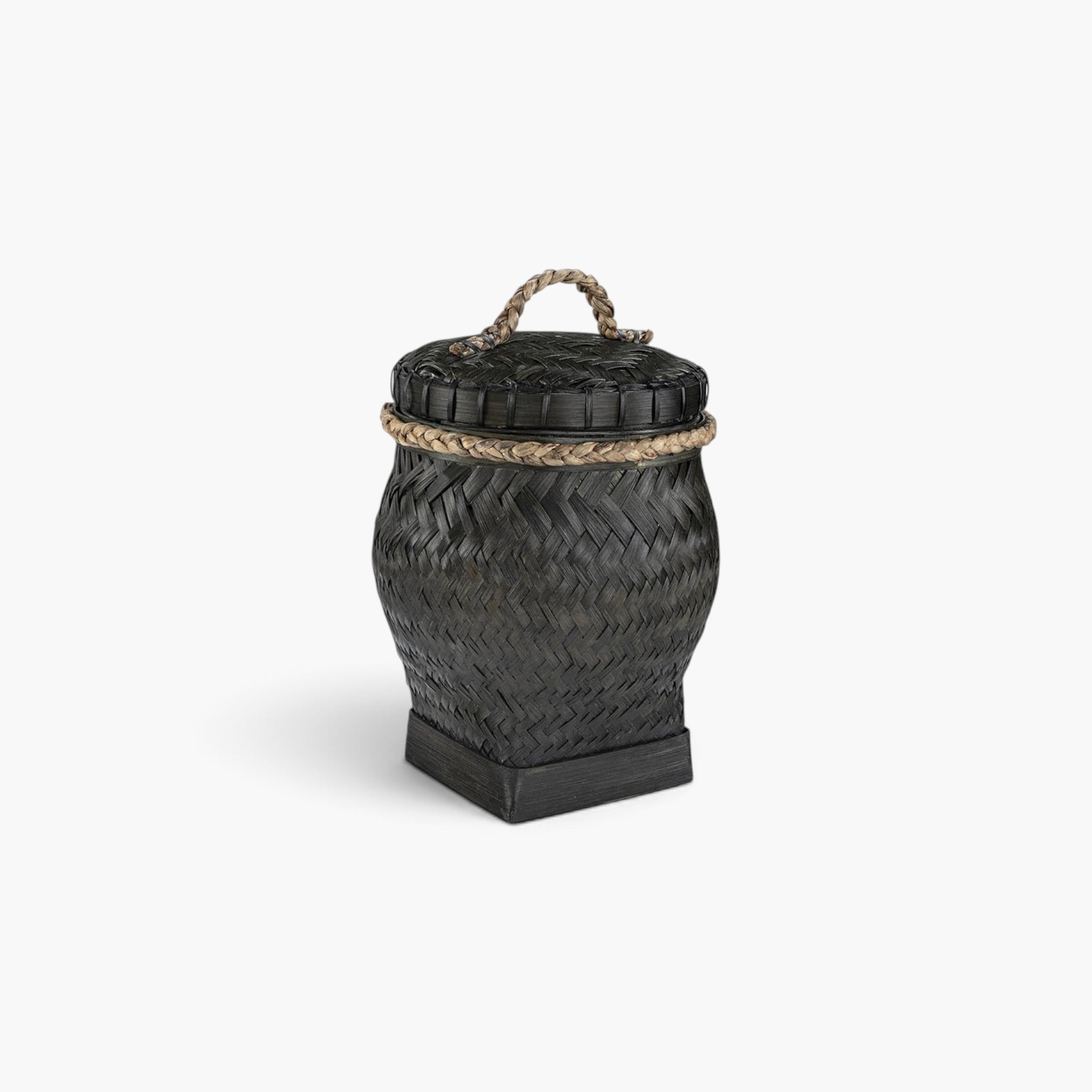 Lyckåsen Davao black bamboo storage basket with a lid and natural woven handle detail on a white background.