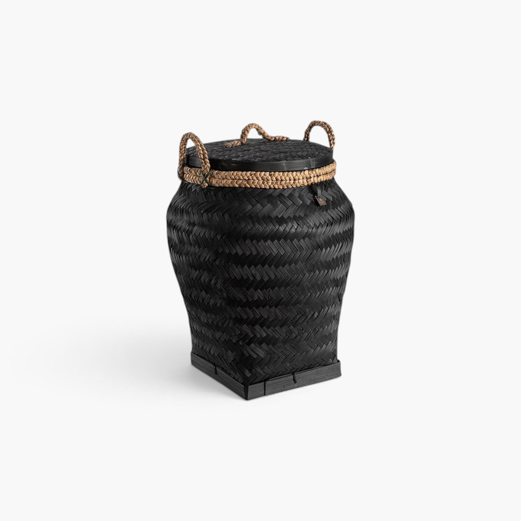 Lyckåsen Davao black woven bamboo laundry basket with a lid and natural fiber rope handles