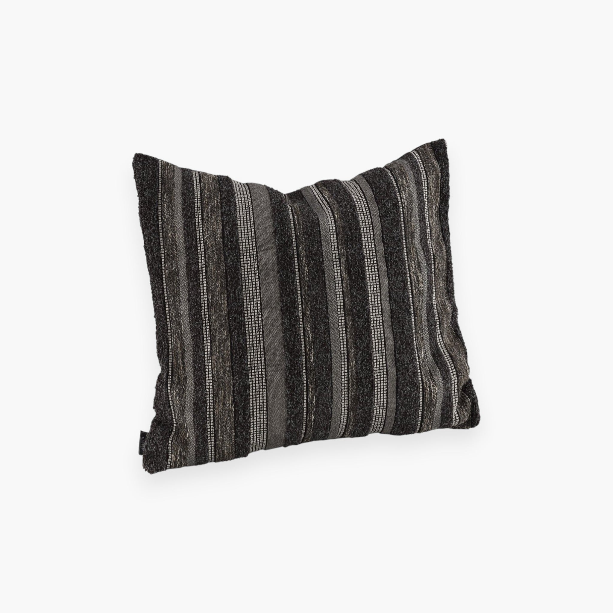 Lyckåsen Delores cushion cover in black and grey with textured vertical stripes and a hidden zipper closure.