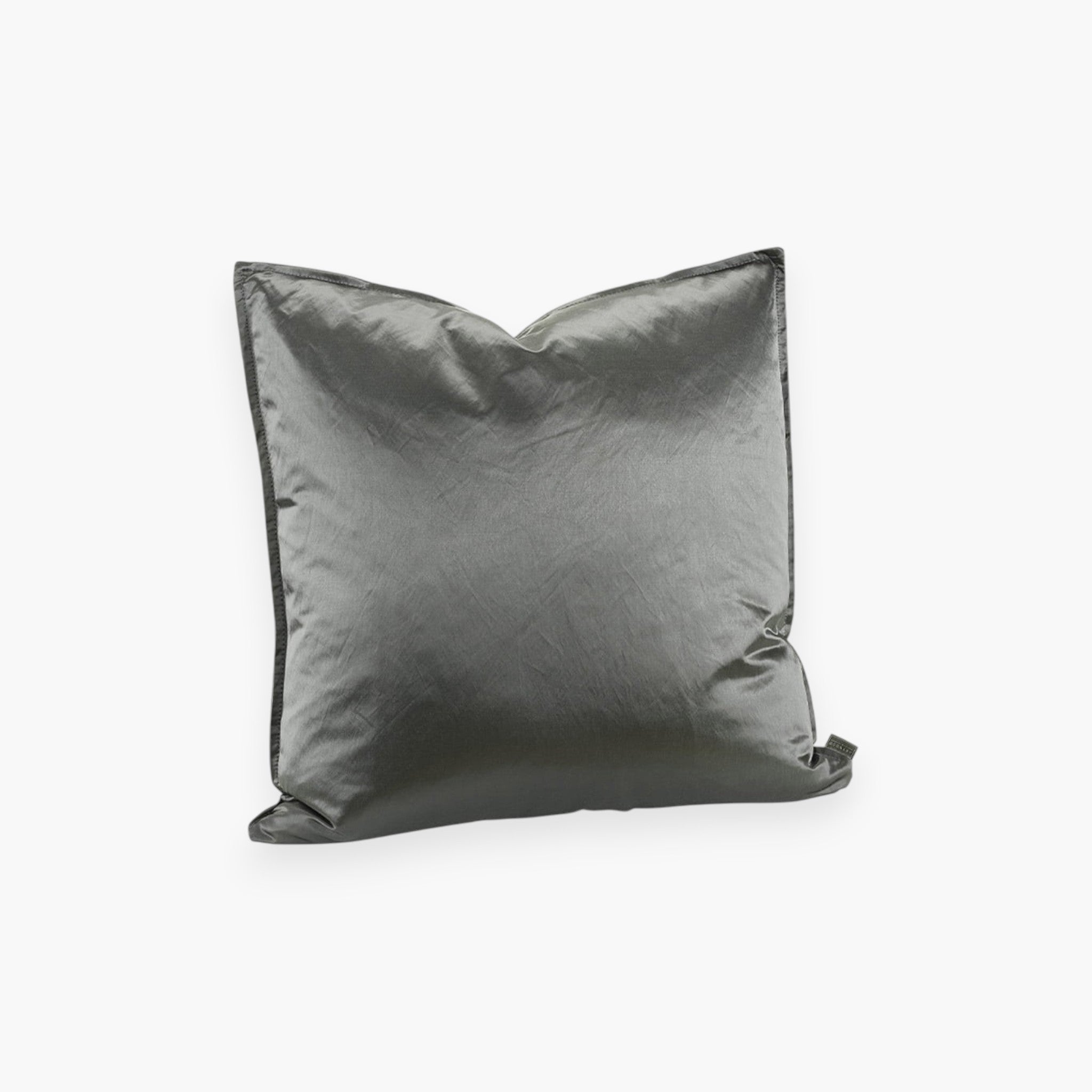 Lyckåsen Dorsia grey satin-finish cushion cover with minimalist stitched edges and a hidden zipper closure.