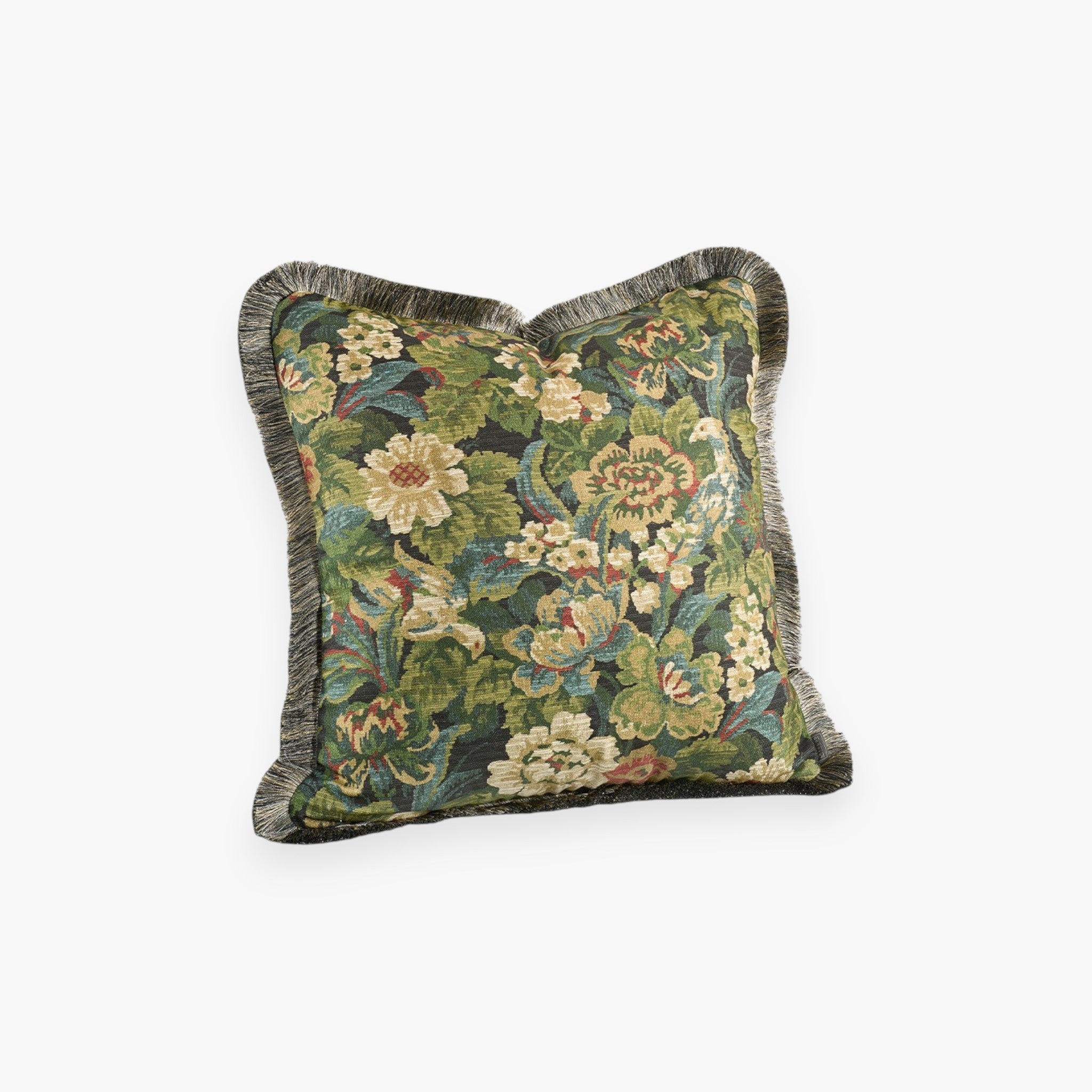 Lyckåsen Ebonleaf Flower cotton cushion cover with a vintage floral pattern and decorative fringe trim.