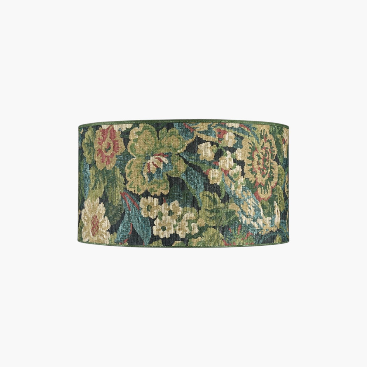 Lyckåsen cylindrical lampshade in Ebonleaf flower green fabric with a detailed vintage-inspired floral pattern.