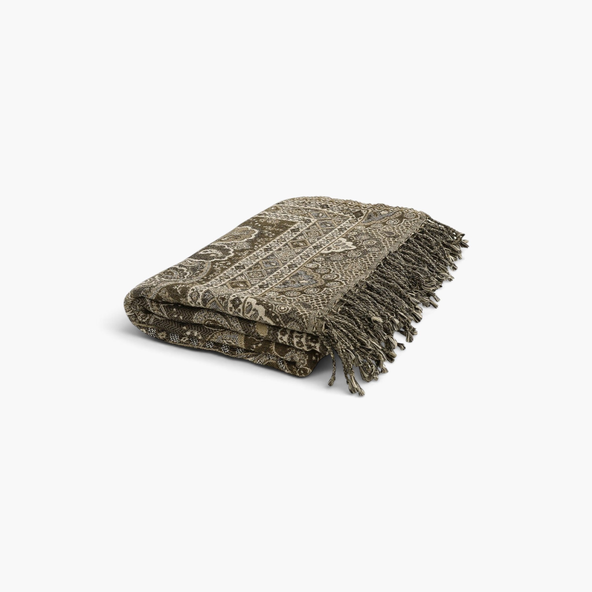 Lyckåsen Eroz cotton throw blanket in brown with intricate paisley pattern and decorative twisted fringe edges.