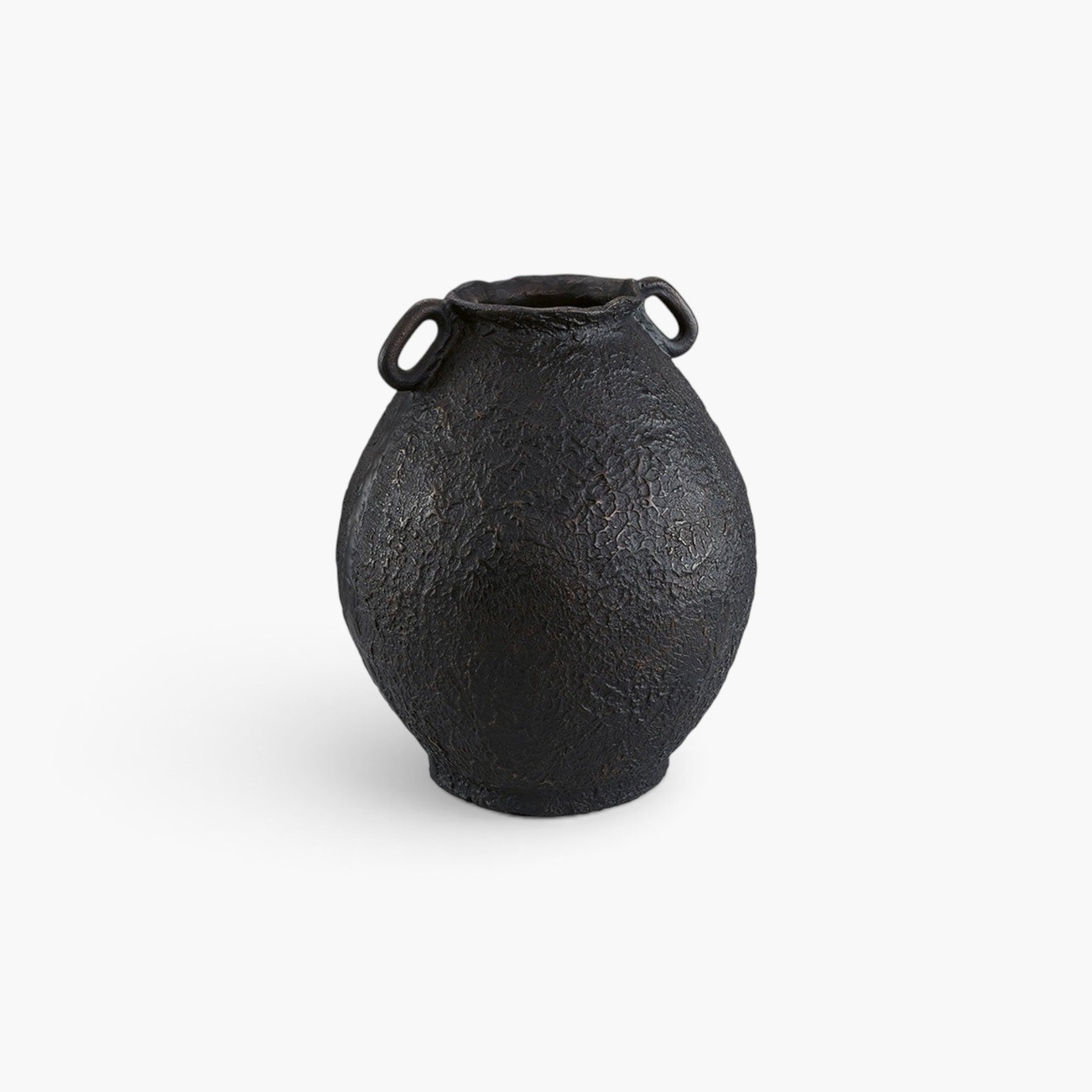 Lyckåsen Fiora metal decorative urn in black with a textured surface and two small side handles.